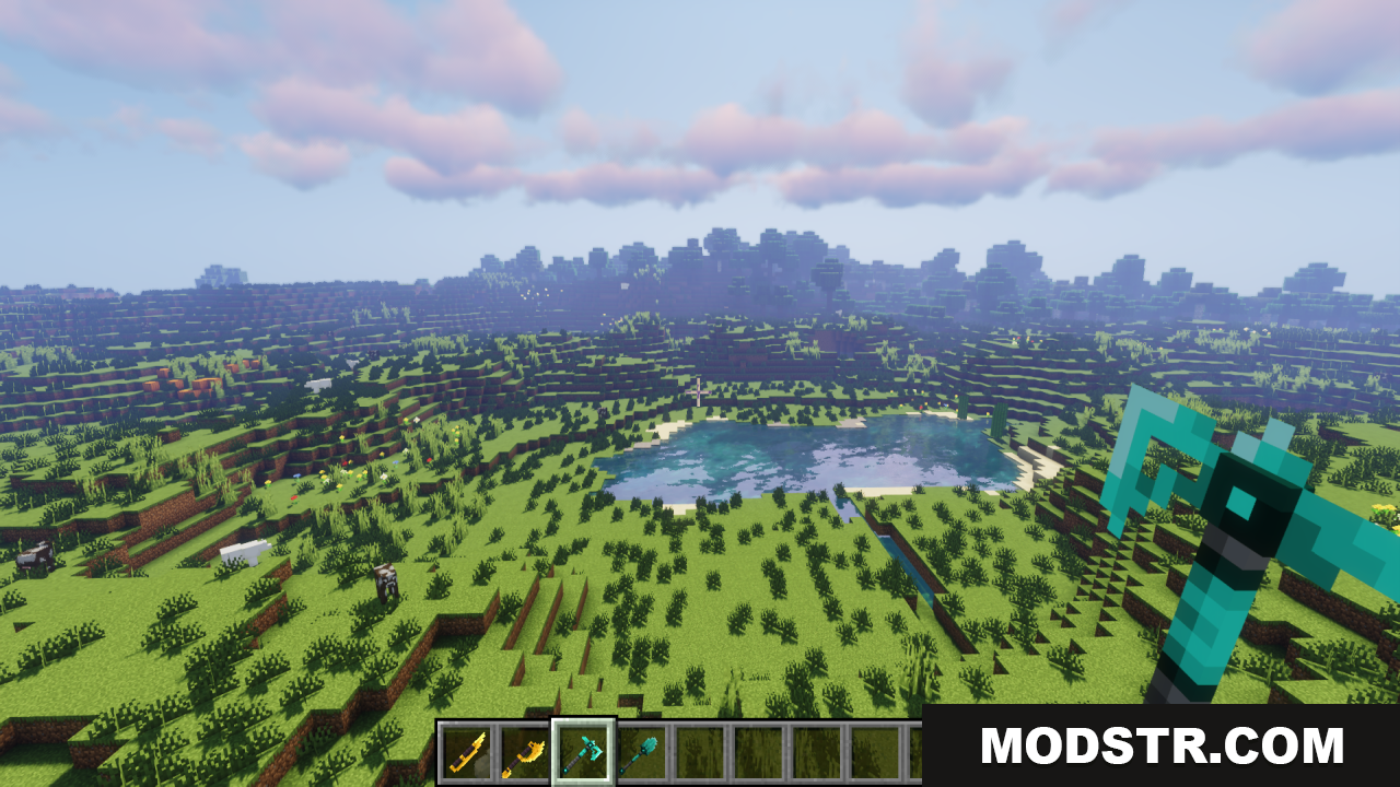 Tactical 3d Pvp Tools Weapons Texture Pack Screenshot 7 Holding a 3D diamond pickaxe overlooking the landscape