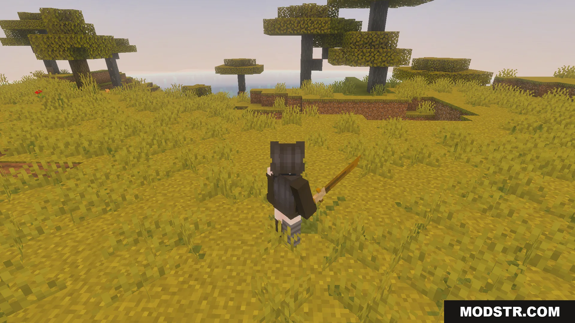 Tactical 3D Tools and 3D Weapons Pvp Texture Pack Screenshot 8 Character wielding a custom three dimensional sword model in a sunny savanna biome