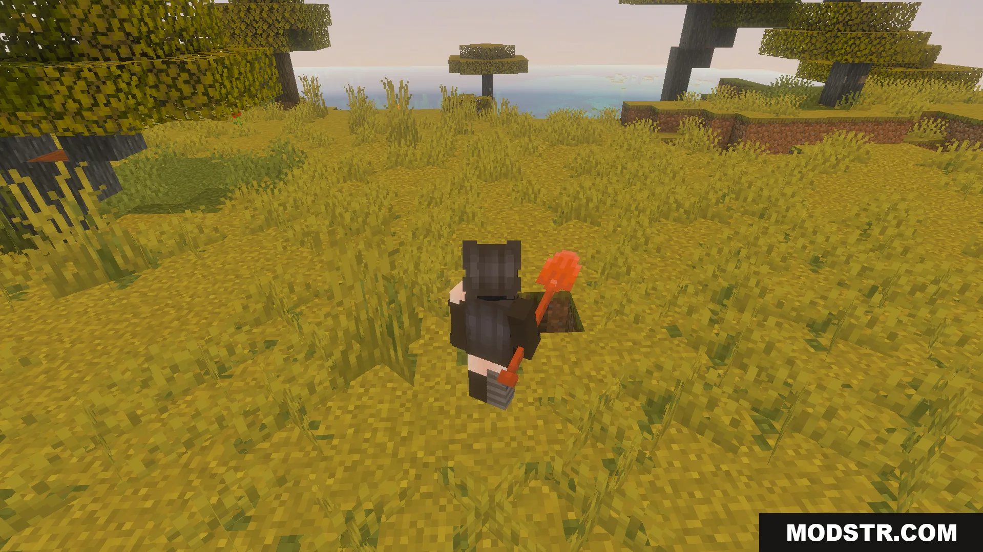 Tactical 3D Tools and 3D Weapons Pvp Texture Pack Screenshot 6 A player character holding a detailed three dimensional shovel in a savanna
