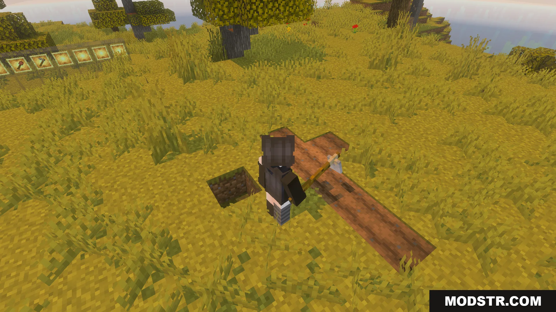 Tactical 3D Tools and 3D Weapons Pvp Texture Pack Screenshot 7 Player holding a three dimensional axe model near a wooden cross on grass