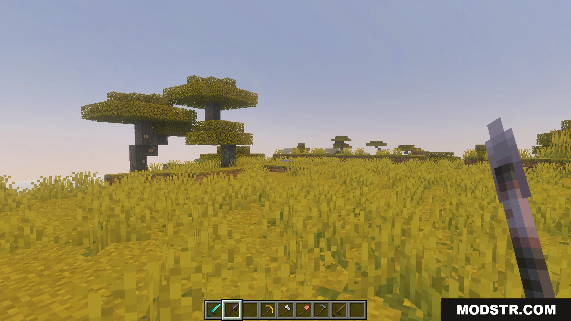 Tactical 3D Tools and 3D Weapons Pvp Texture Pack Screenshot 4 First person view showing custom three dimensional tools and weapons in the hotbar
