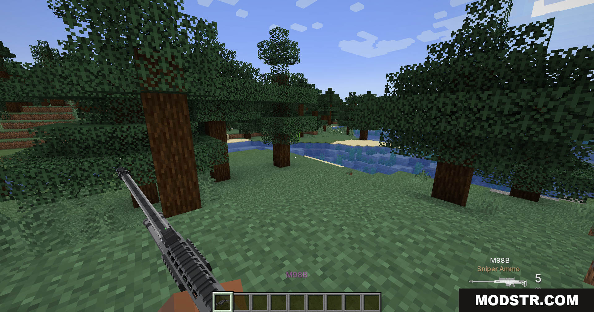 Tacz Sbw Playerrevive Gun Mod Screenshot 2 Player holding an M98B sniper rifle in a forest environment