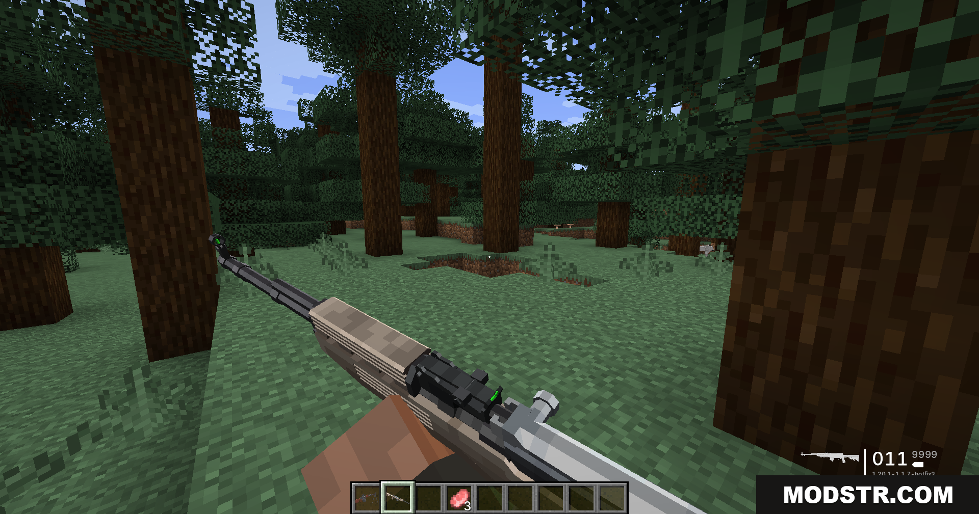 Tacz Sbw Playerrevive Gun Mod Screenshot 12 First person perspective of holding a rifle in a forest biome
