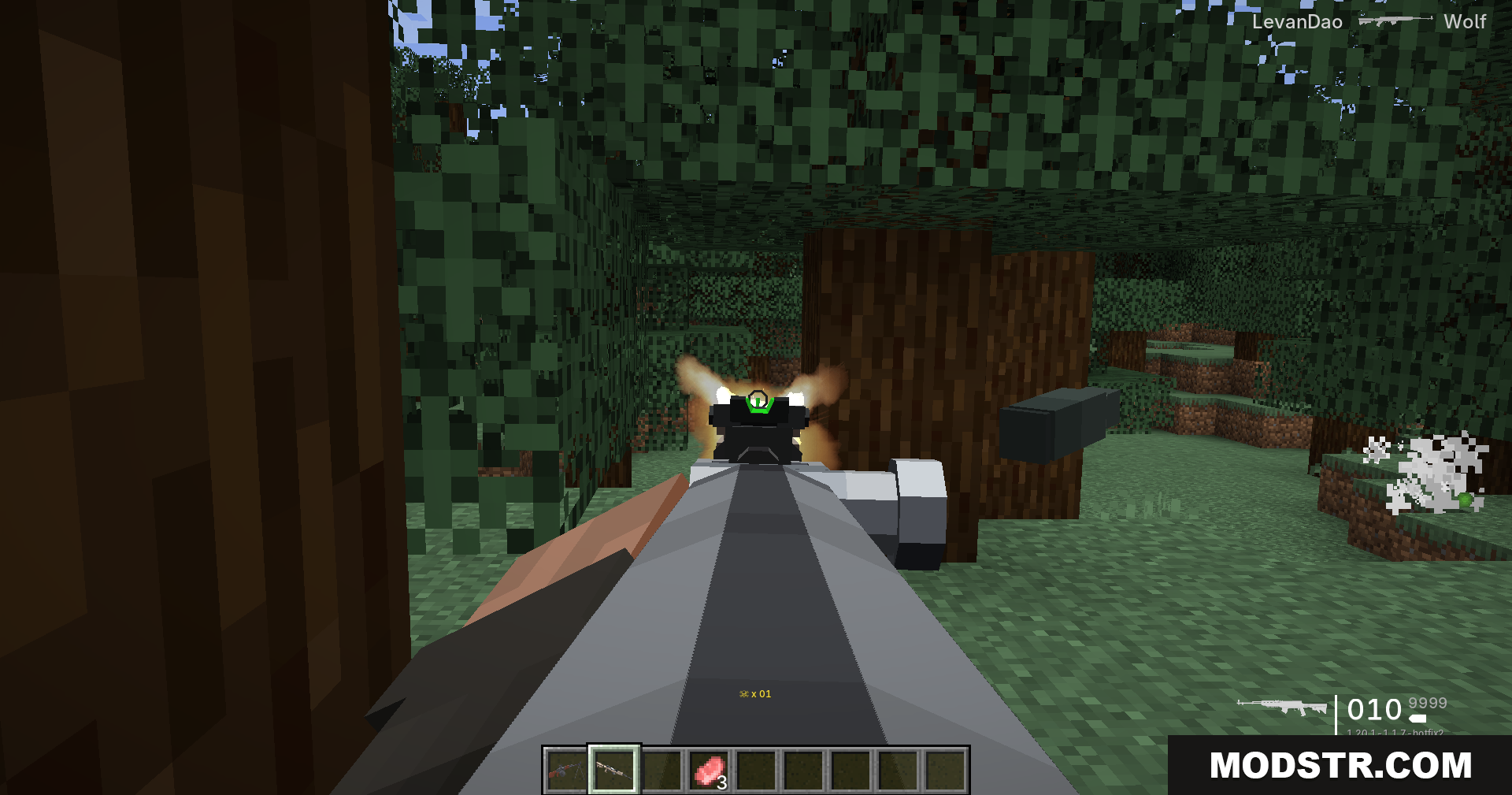 Tacz Sbw Playerrevive Gun Mod Screenshot 14 Player firing modern rifle at a wolf with muzzle flash