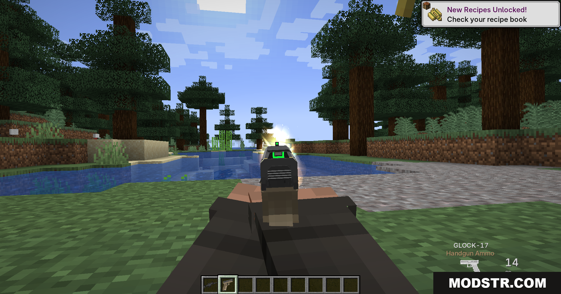 Tacz Sbw Playerrevive Gun Mod Screenshot 8 Player firing a pistol showing muzzle flash in a forest