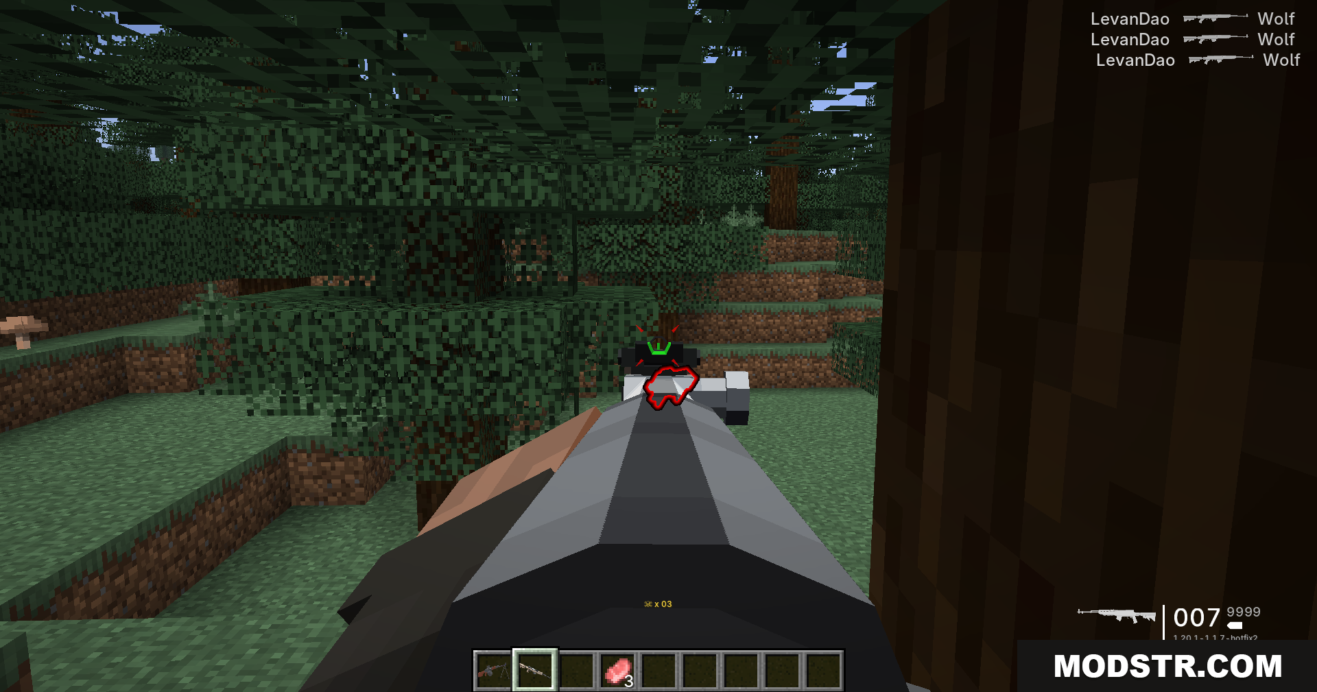 Tacz Sbw Playerrevive Gun Mod Screenshot 15 Player aiming down sights after defeating multiple wolves in forest