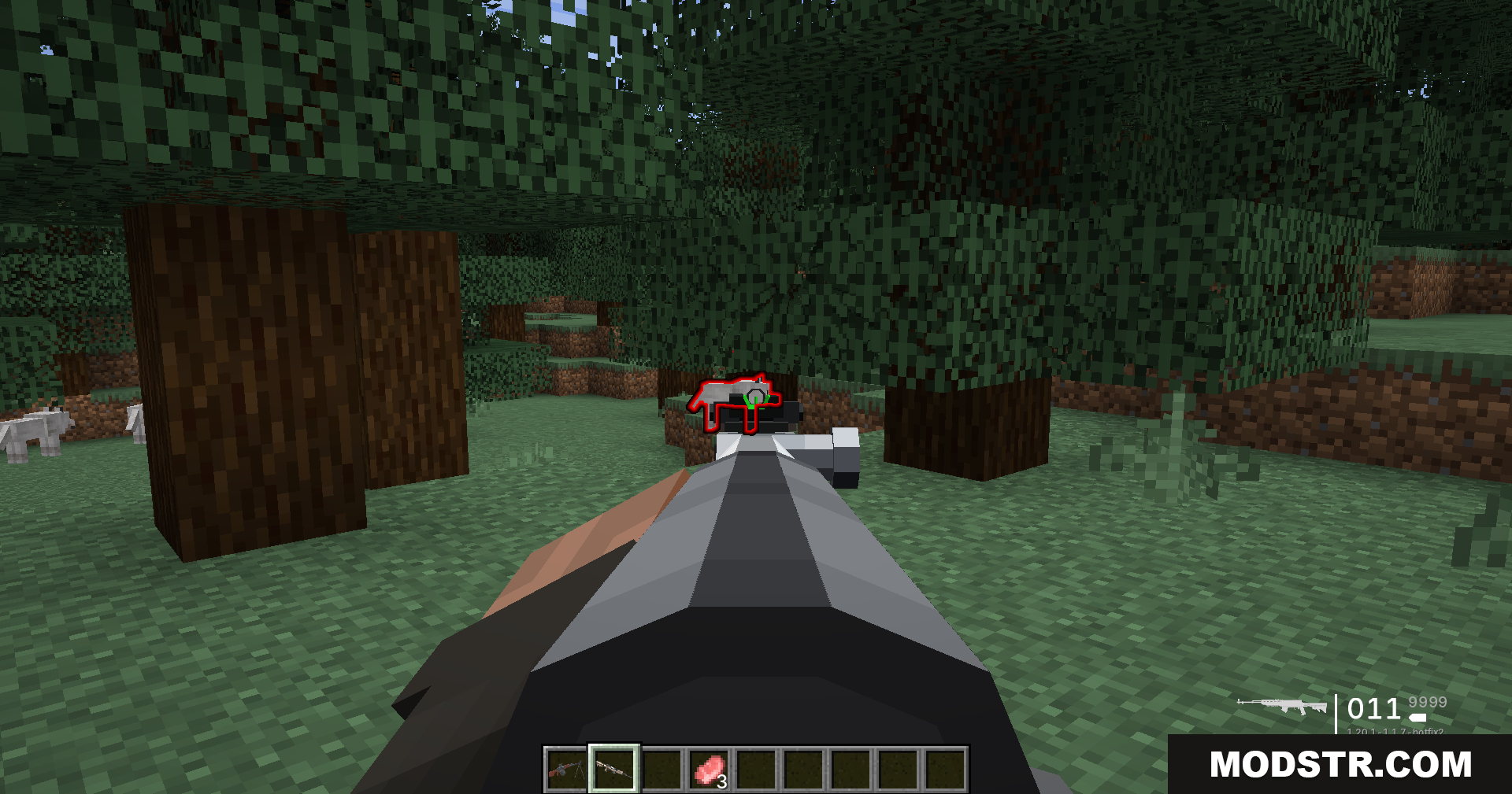 Tacz Sbw Playerrevive Gun Mod Screenshot 13 Player aiming rifle at a wolf showing red targeting hitbox