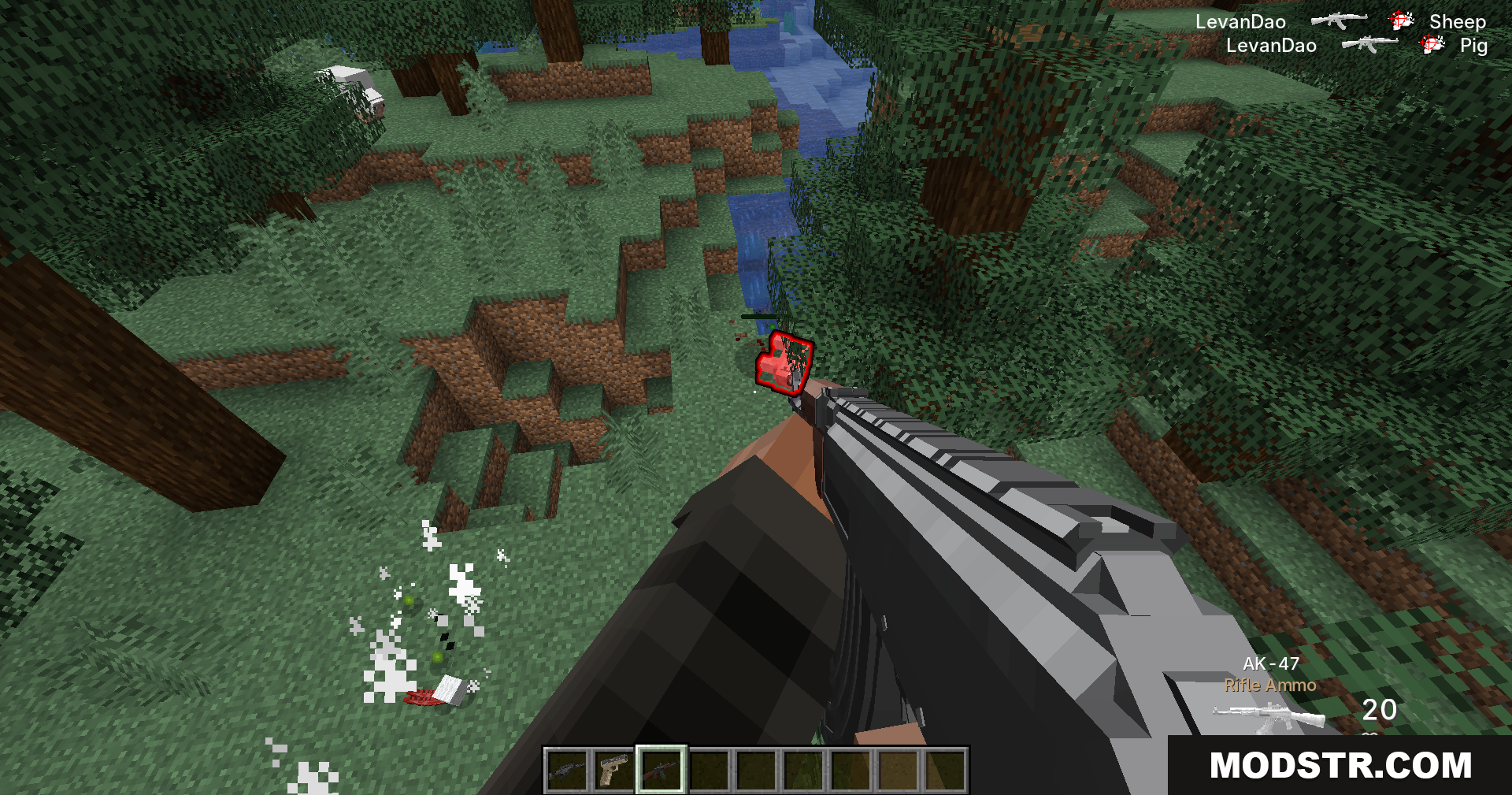 Tacz Sbw Playerrevive Gun Mod Screenshot 11 Dealing damage to a sheep using an AK 47 assault rifle