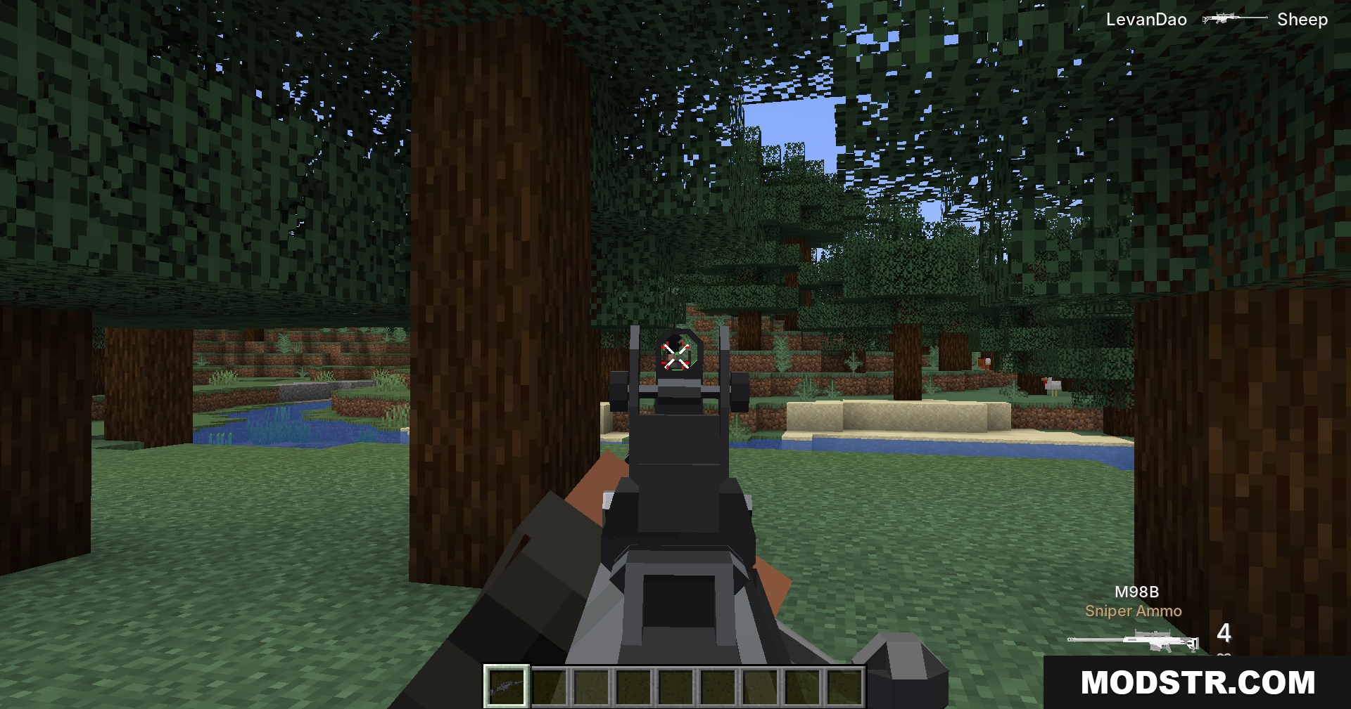 Tacz Sbw Playerrevive Gun Mod Screenshot 4 Aiming down the sights of a sniper rifle in forest