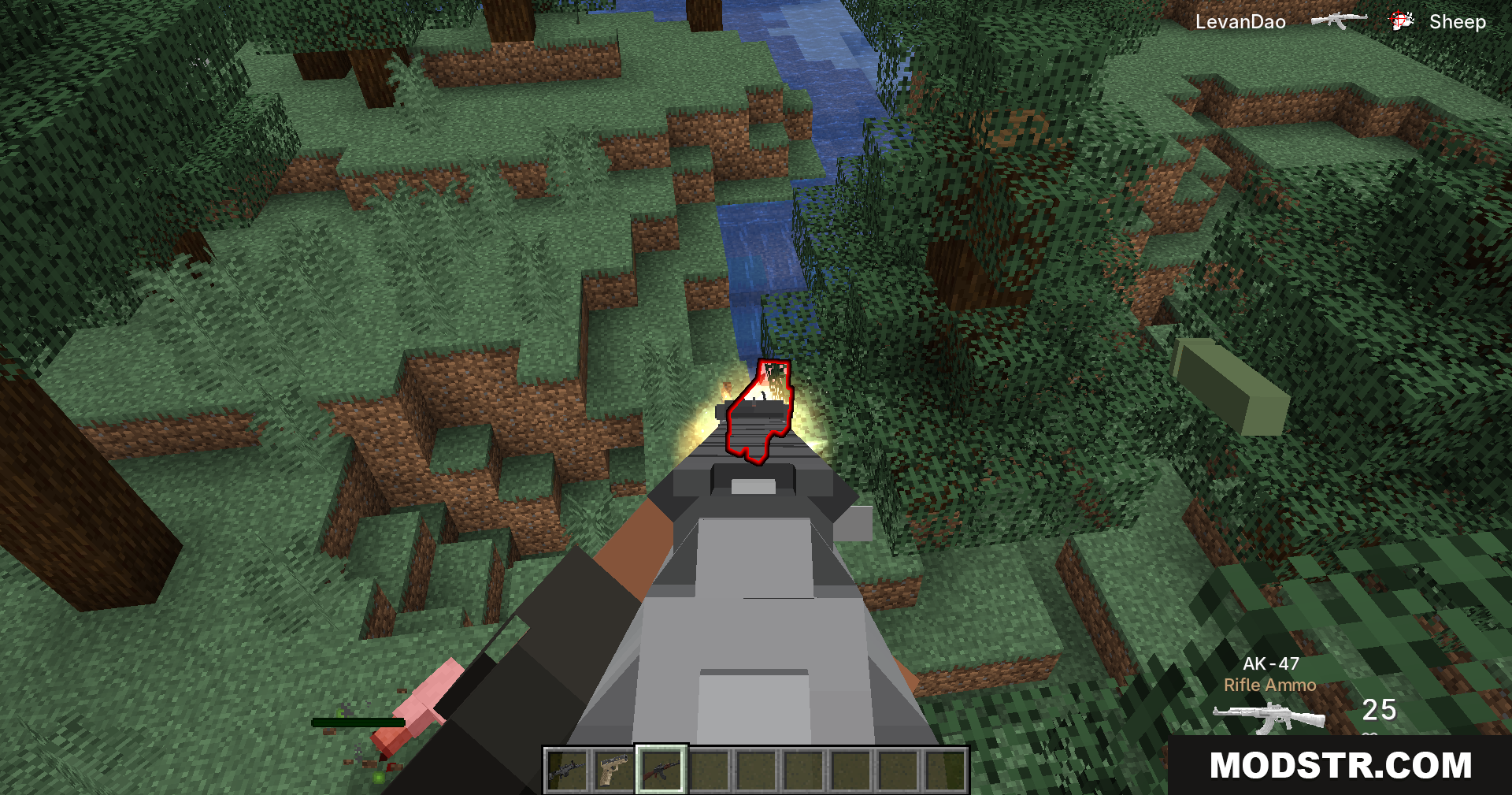 Tacz Sbw Playerrevive Gun Mod Screenshot 10 Player aiming and firing an AK 47 rifle at a sheep