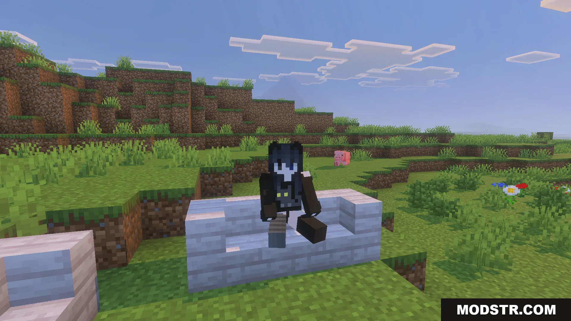 Take a Seat Addon Screenshot 6 Character sitting on white wooden stairs in a field with a pink pig