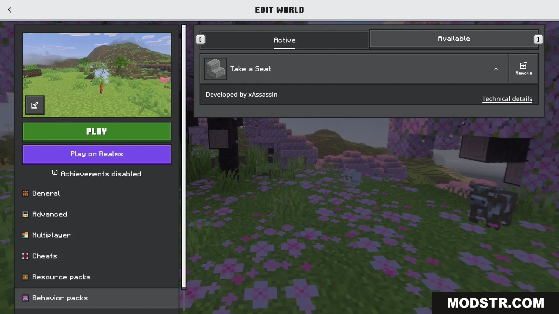 Take a Seat Addon Screenshot 1 Minecraft edit world screen showing the active Take a Seat behavior pack