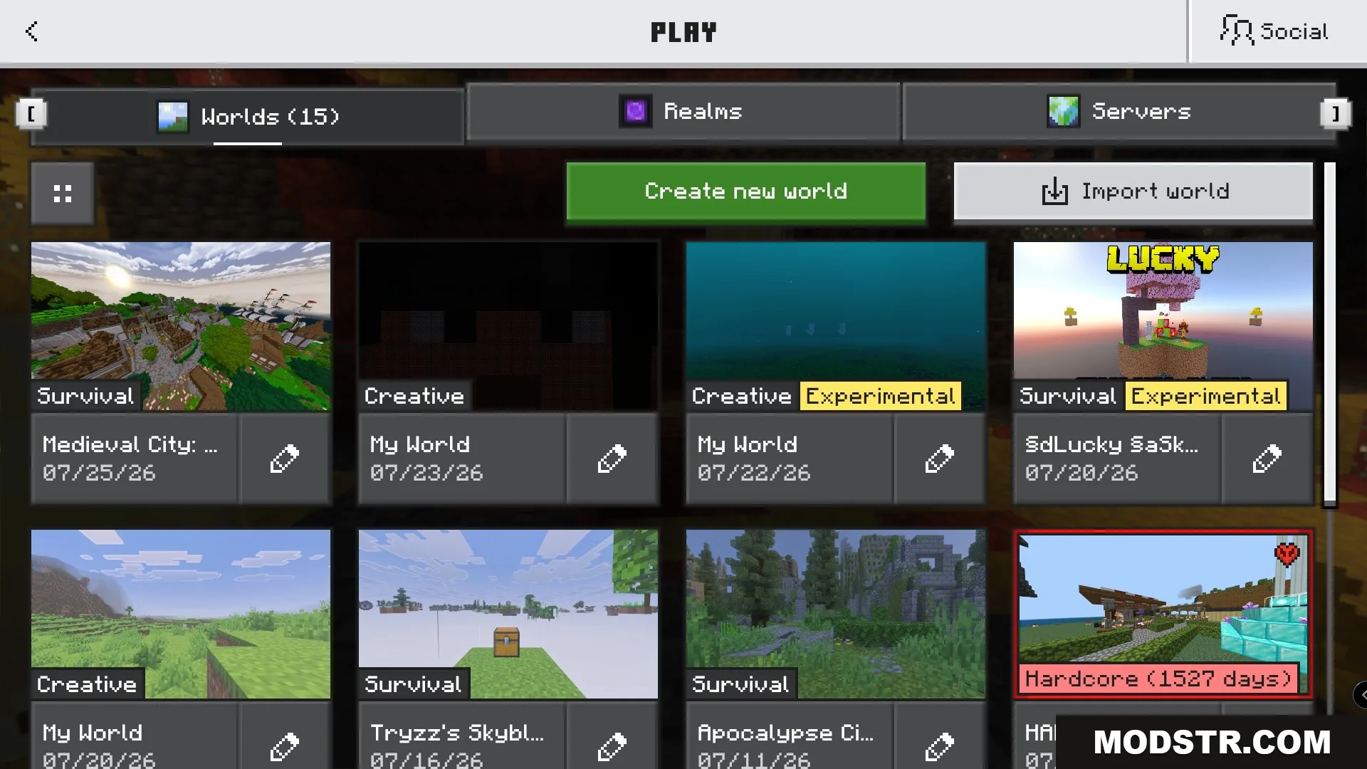Minecraft world selection menu showing survival and hardcore modes including an apocalypse map