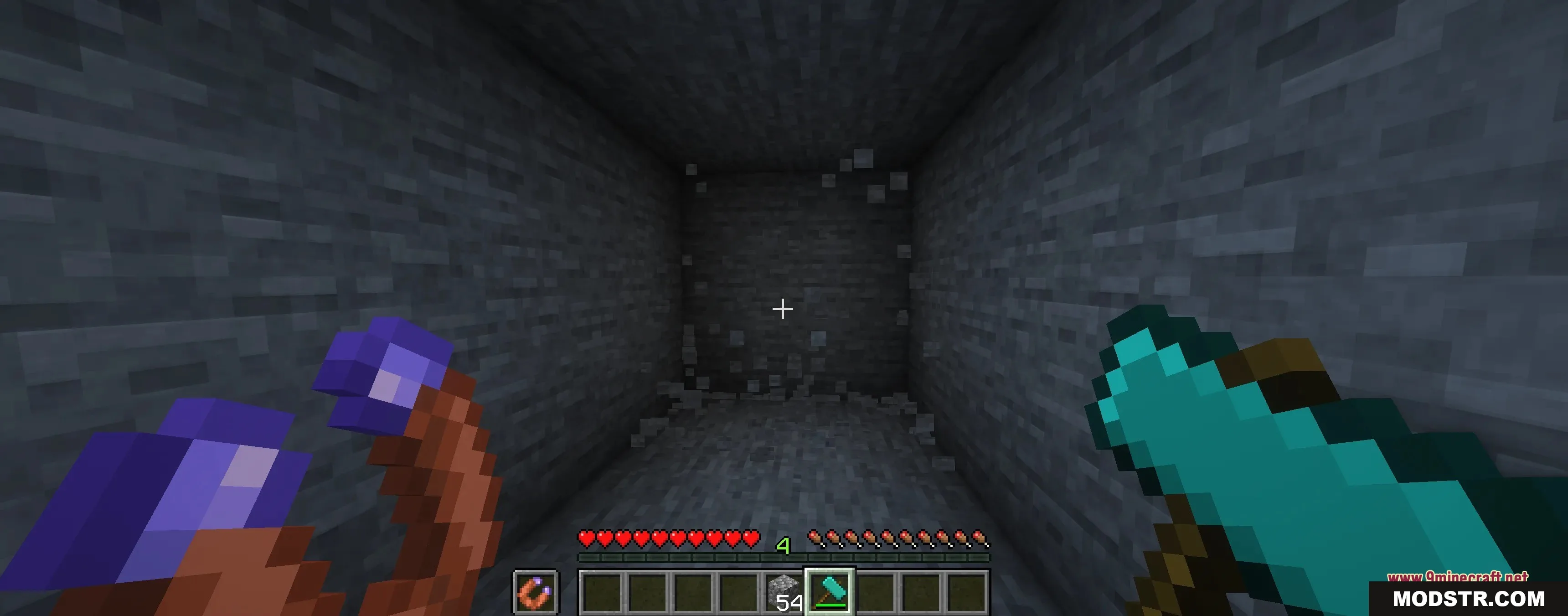 Tectonic Widebore Data Pack Screenshot 5 Player holding a diamond hammer and magnet while mining in a stone cave