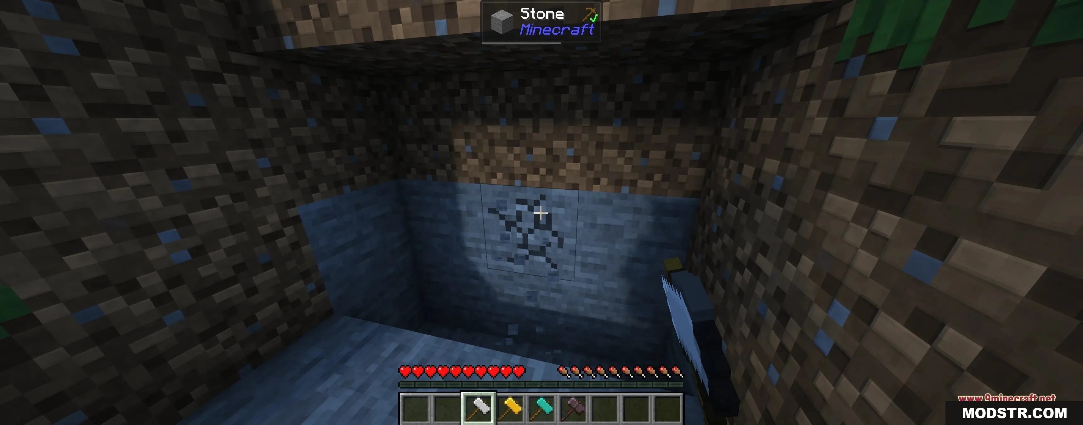 Tectonic Widebore Data Pack Screenshot 2 Player mining a large area of stone blocks with a heavy white hammer