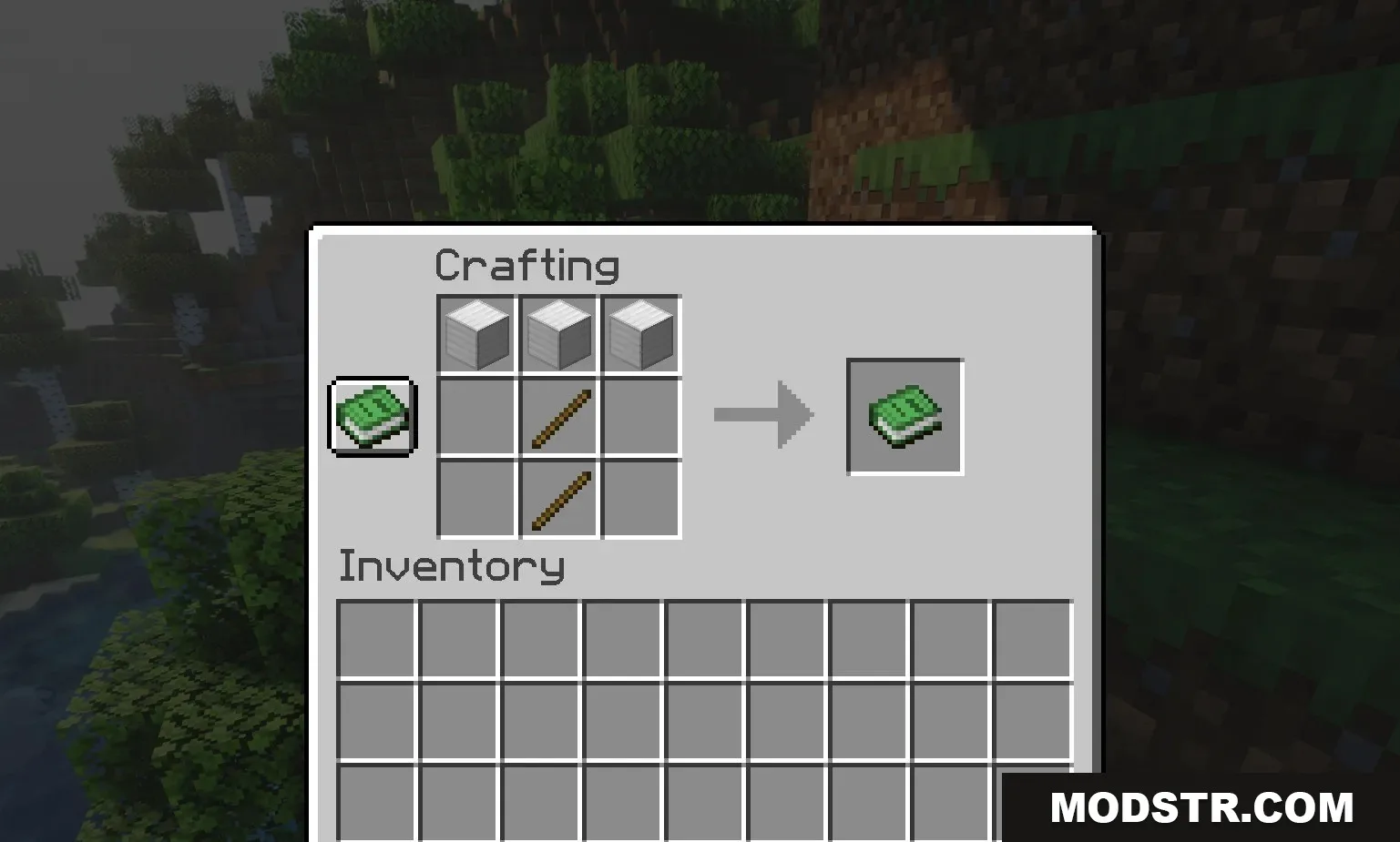 Tectonic Widebore Data Pack Screenshot 4 Crafting recipe for a guide book using iron blocks and wooden sticks