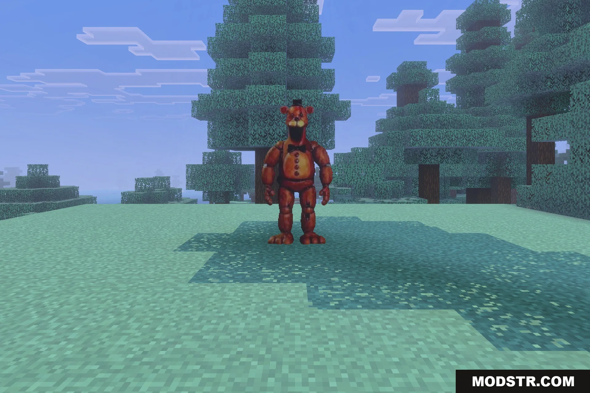 Terrifying Freddy Addon Screenshot 4 A scary Freddy Fazbear entity hunts players in the spruce forest