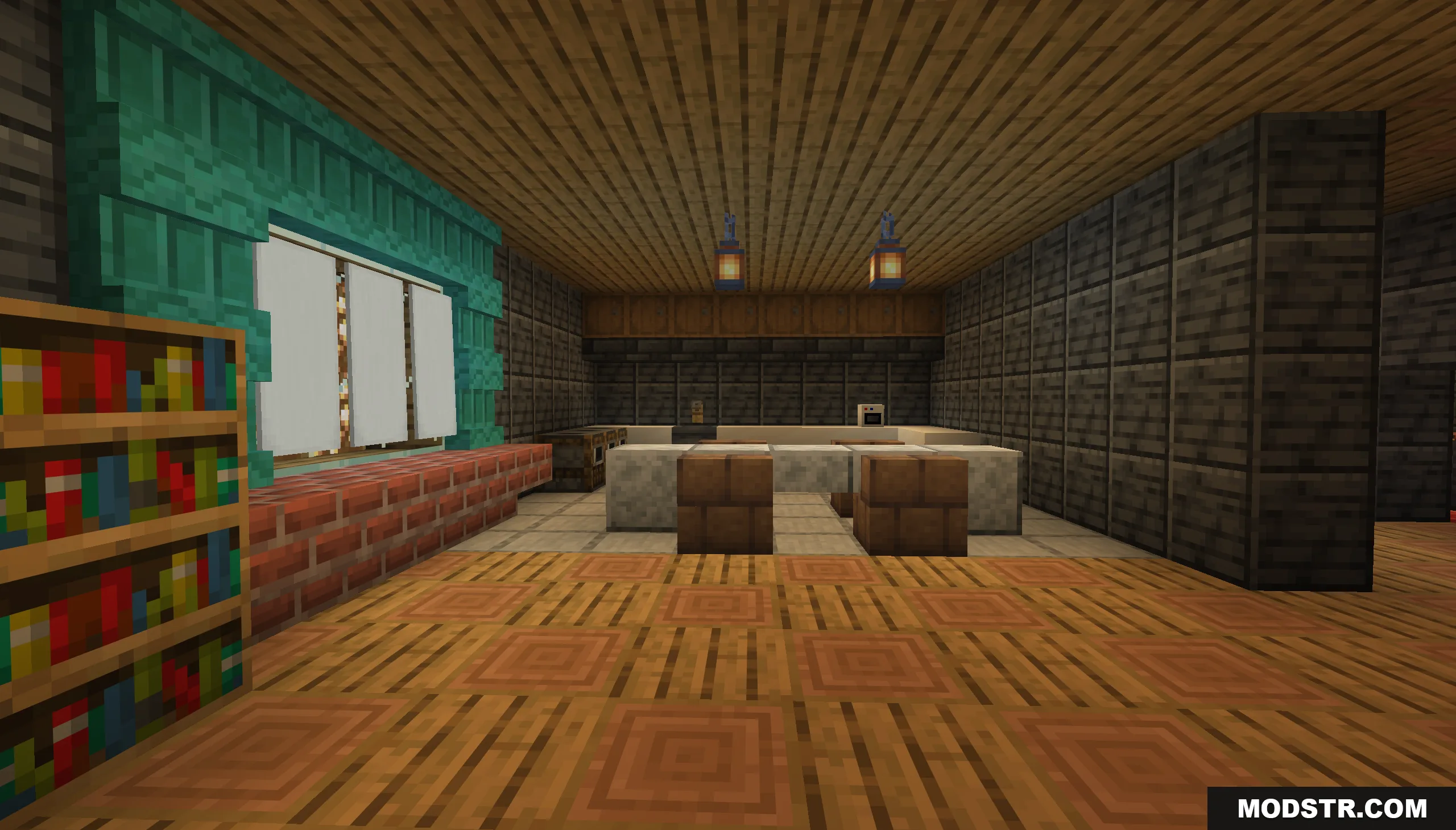 That’s Not My House Map Screenshot 1 A cozy Minecraft kitchen area with white counters and a teal window