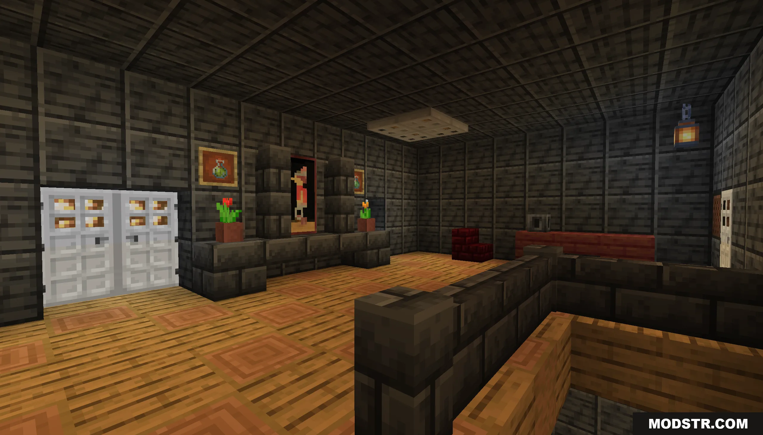 That’s Not My House Map Screenshot 4 A large room featuring dark walls double doors and a decorative fireplace area