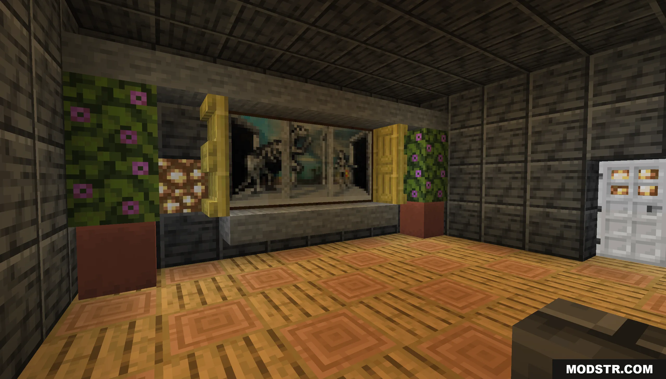 That’s Not My House Map Screenshot 5 A Minecraft room with dark wood walls and a large skeleton painting