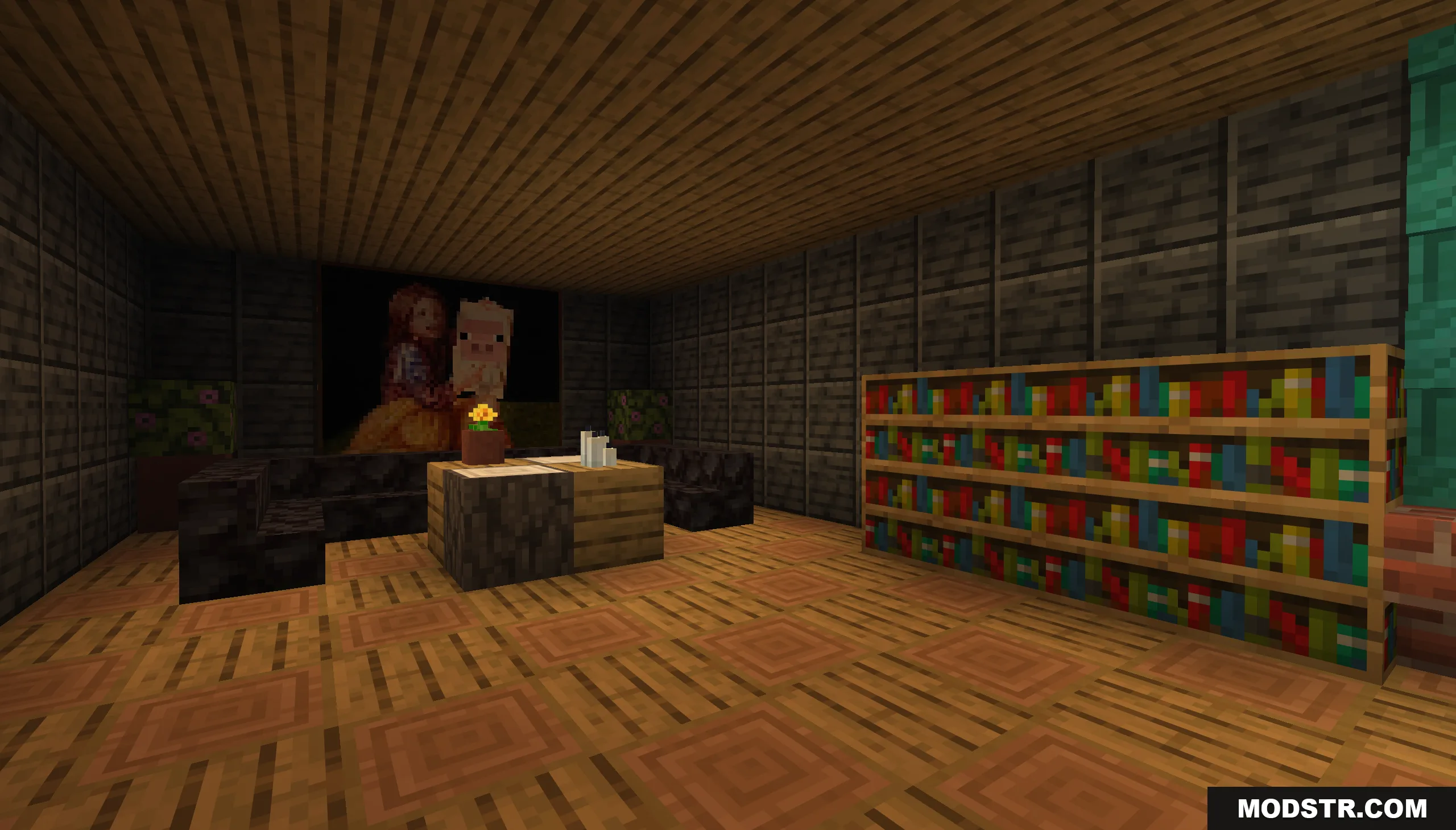 That’s Not My House Map Screenshot 2 A Minecraft living room with a large painting and a wooden bookshelf