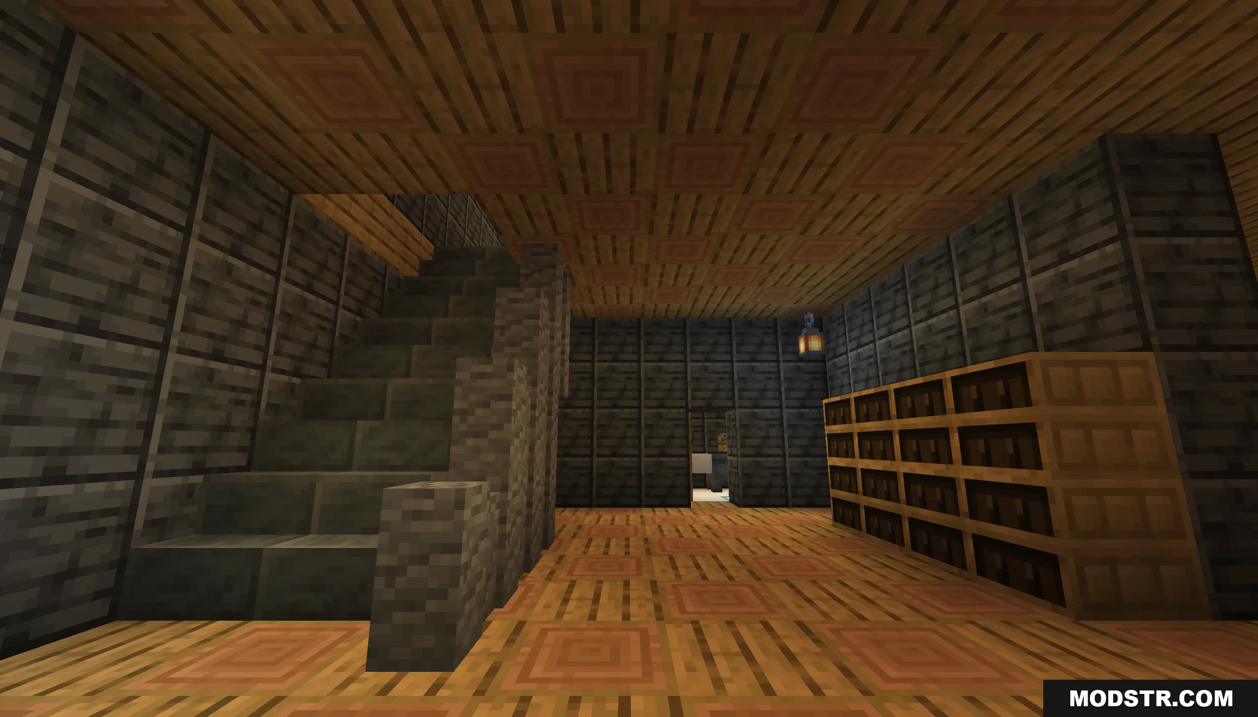 That’s Not My House Map Screenshot 10 A stone staircase leads upward in a room with wooden floors and bookshelves