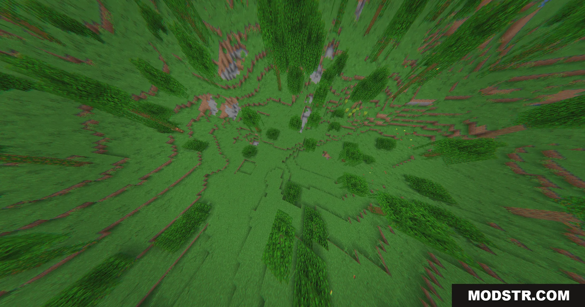 The 360W Shaders Screenshot 7 A top down wide angle view of a green Minecraft forest landscape