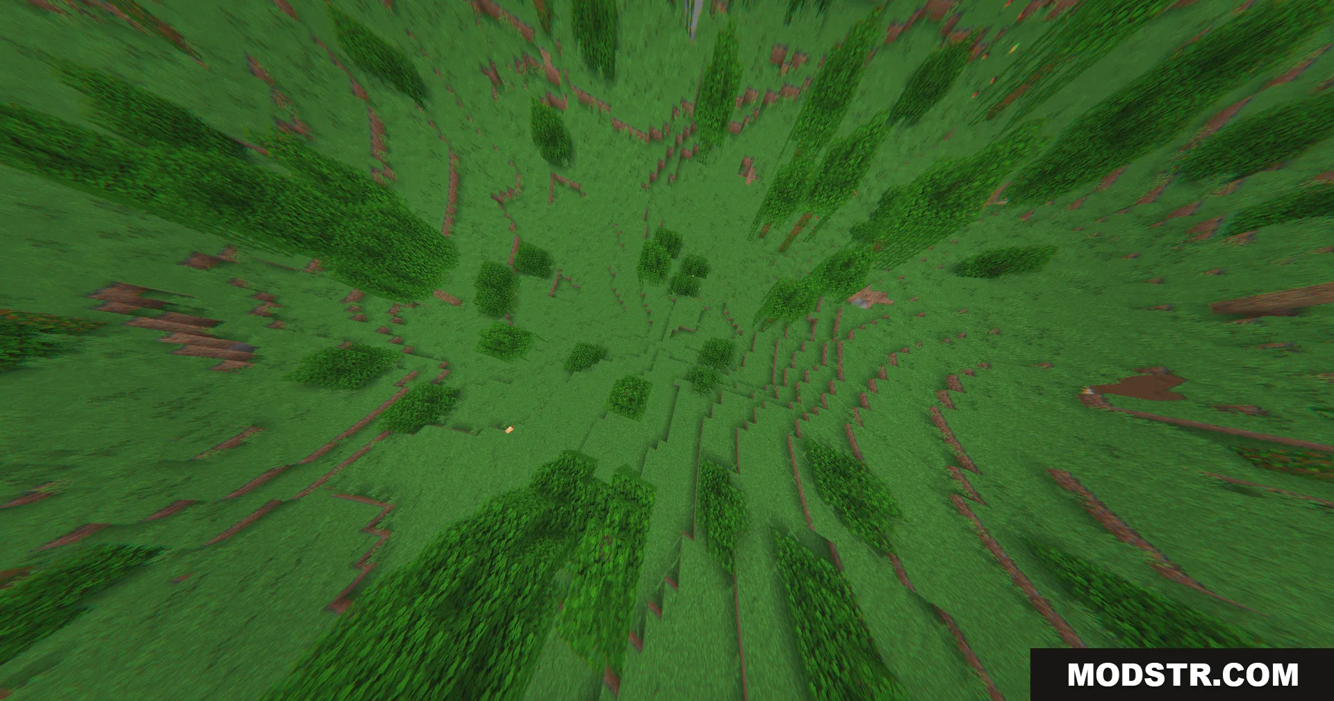 The 360W Shaders Screenshot 6 Top down aerial view of a Minecraft forest with wide angle distortion