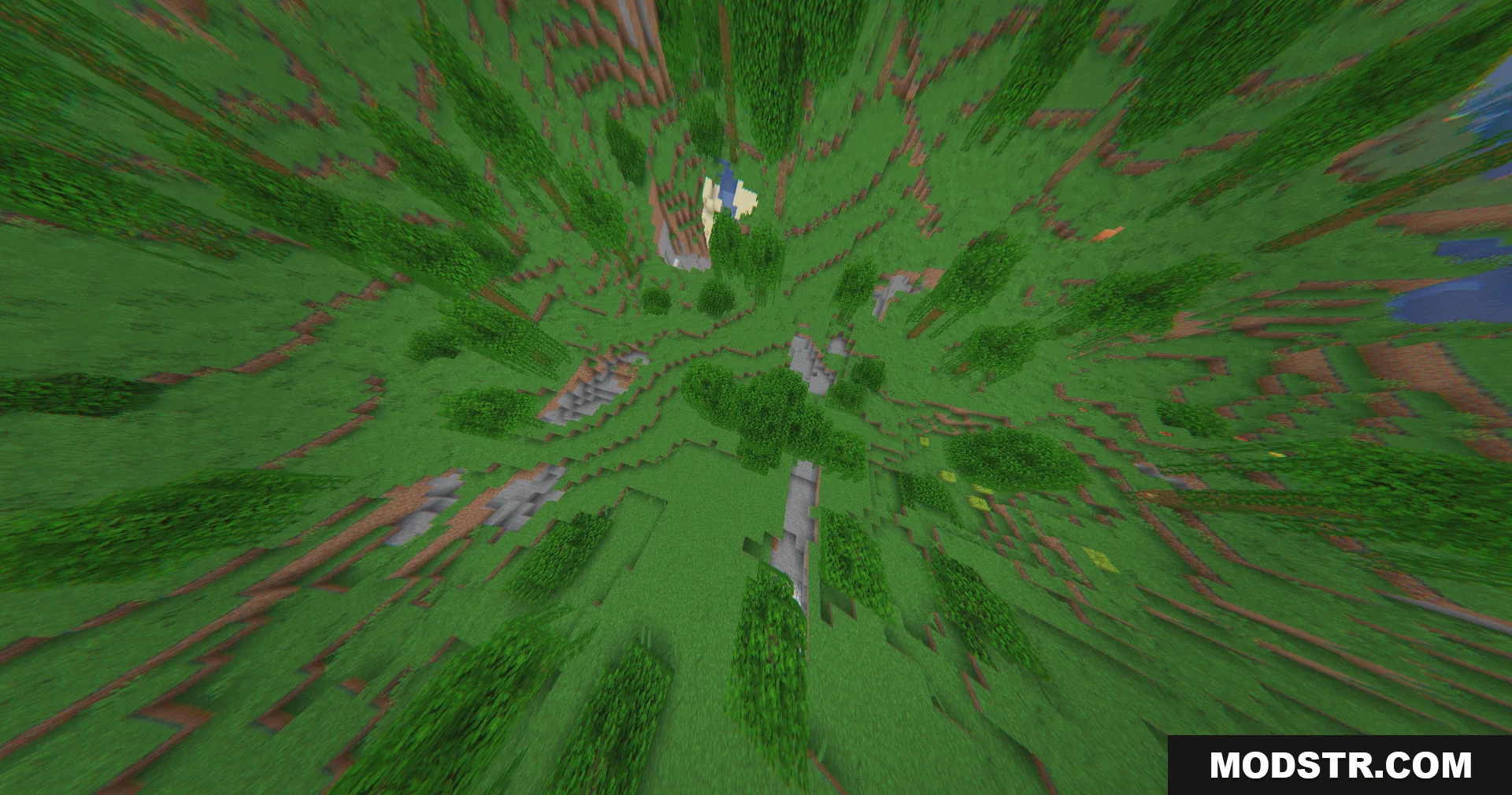 The 360W Shaders Screenshot 8 Distorted fish eye camera view of a Minecraft world from high altitude