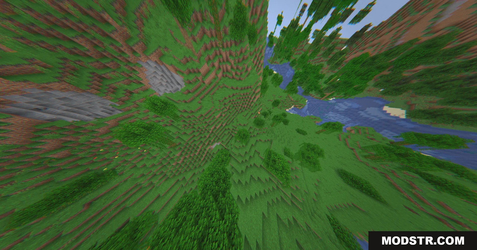 The 360W Shaders Screenshot 10 Distorted aerial perspective of a river and hills from a high altitude position