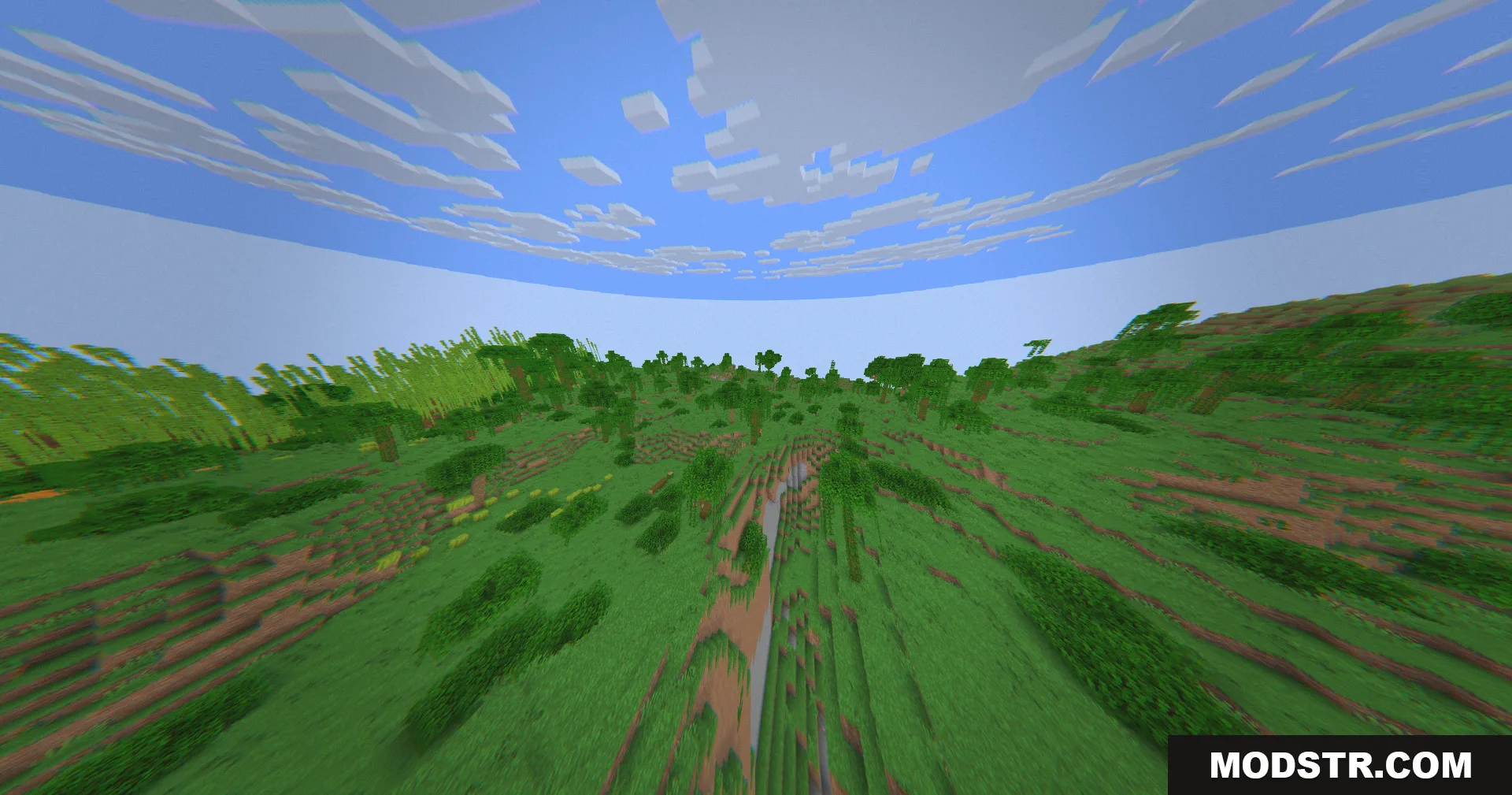 The 360W Shaders Screenshot 5 Drone camera motion effect showing a wide angle view of Minecraft hills