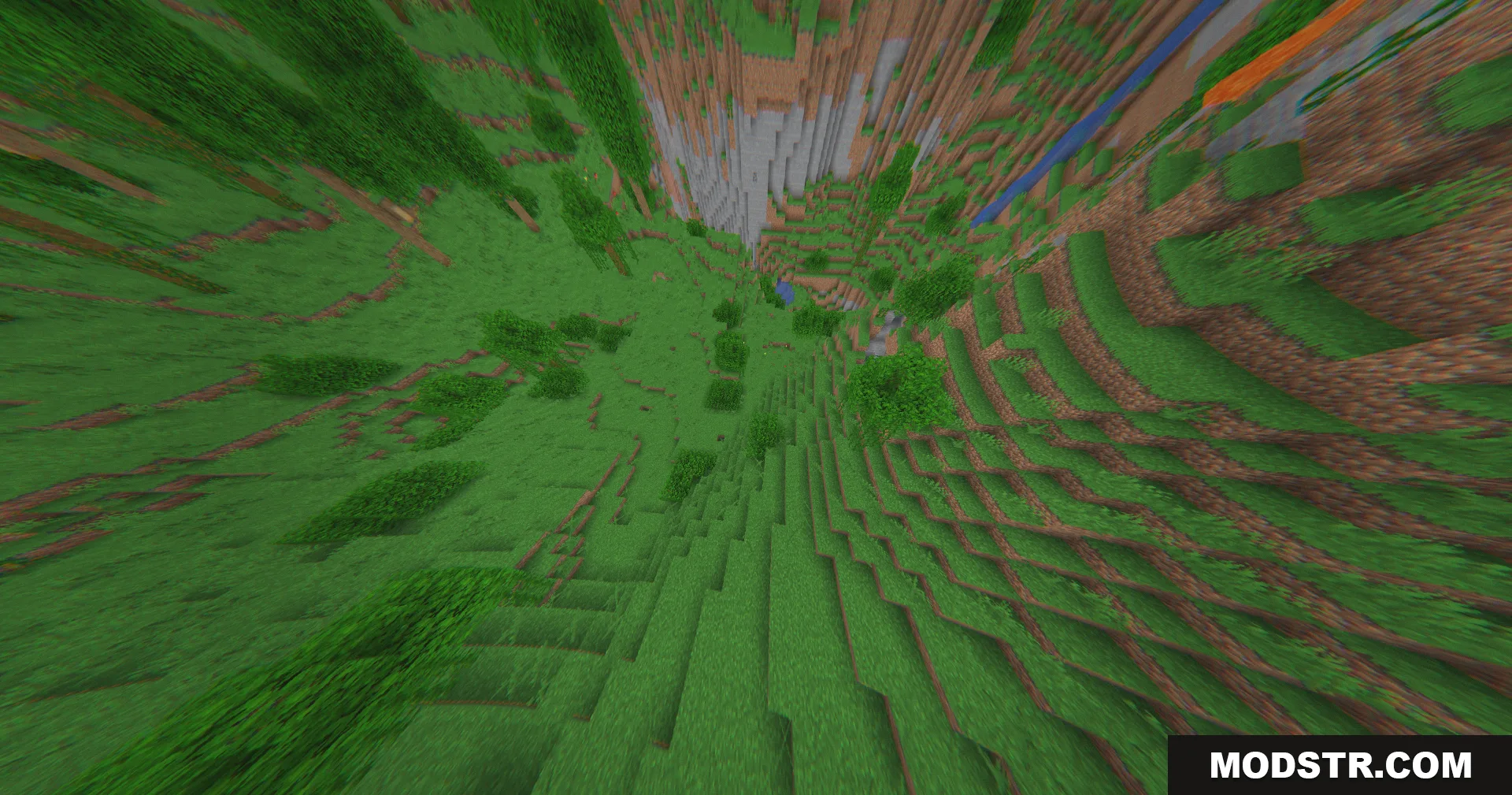 The 360W Shaders Screenshot 4 Distorted aerial perspective looking down a steep cliff in a Minecraft world