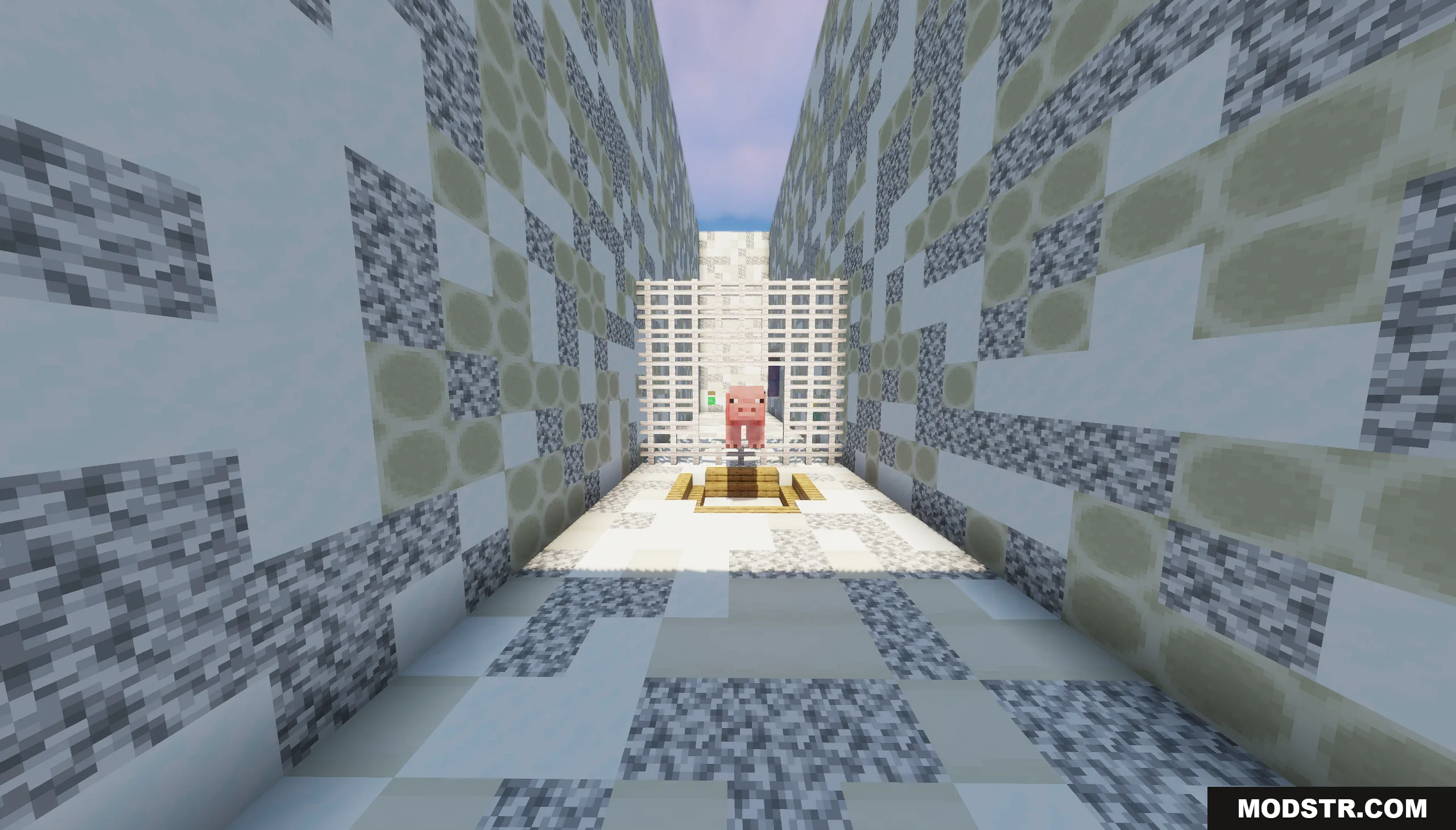 The Ashen Wastes Map Screenshot 2 A pig stands behind a white fence in a narrow stone walled alleyway