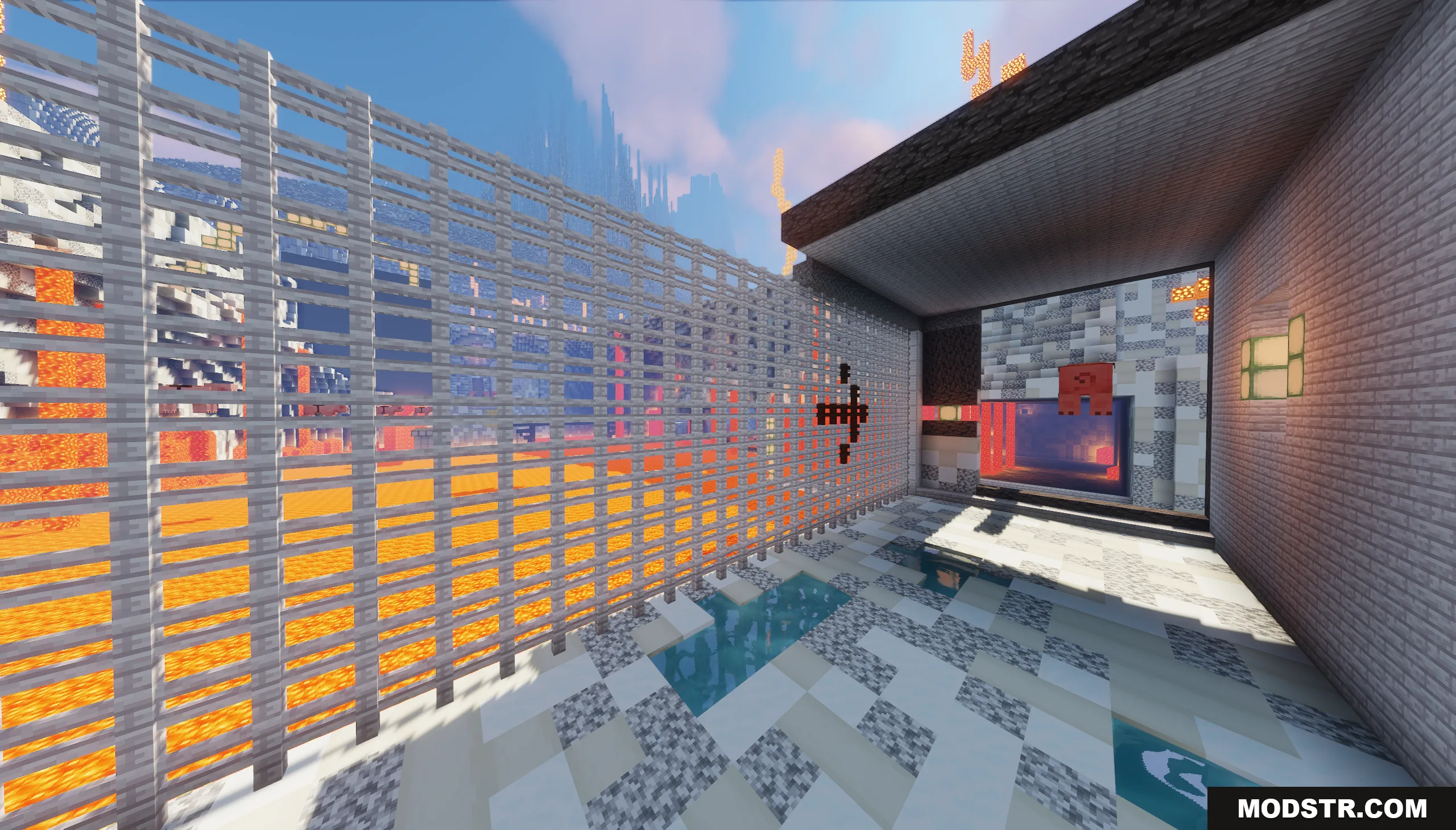 The Ashen Wastes Map Screenshot 4 Iron bars separate a tiled room from a vast lake of glowing lava