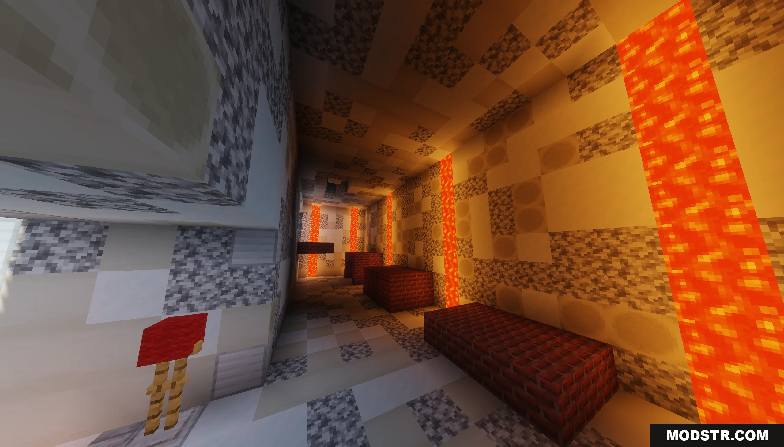 The Ashen Wastes Map Screenshot 9 A narrow hallway with lava streams and red brick blocks in Minecraft