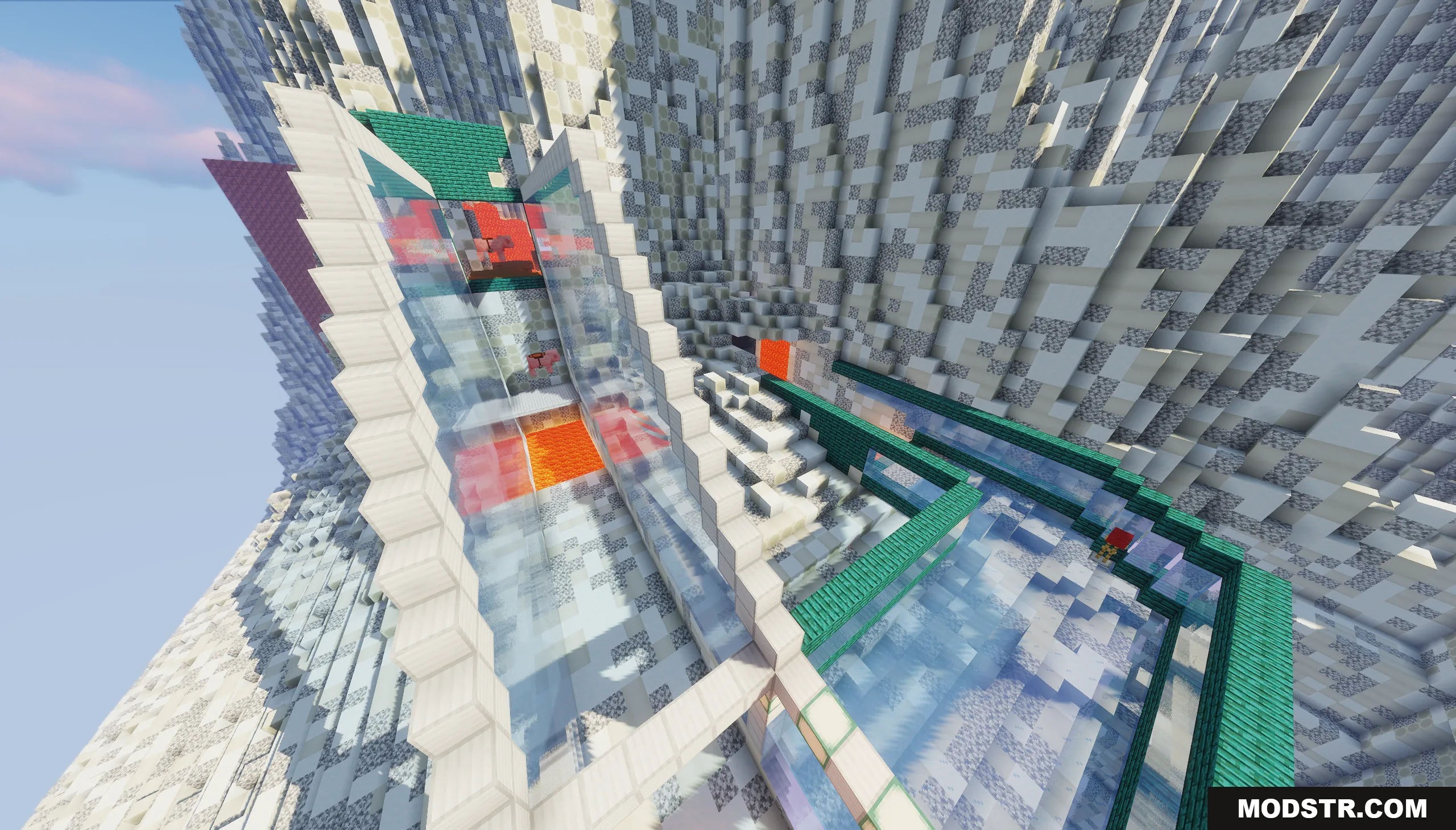 The Ashen Wastes Map Screenshot 10 A large glass structure containing lava within a snowy Minecraft mountain landscape