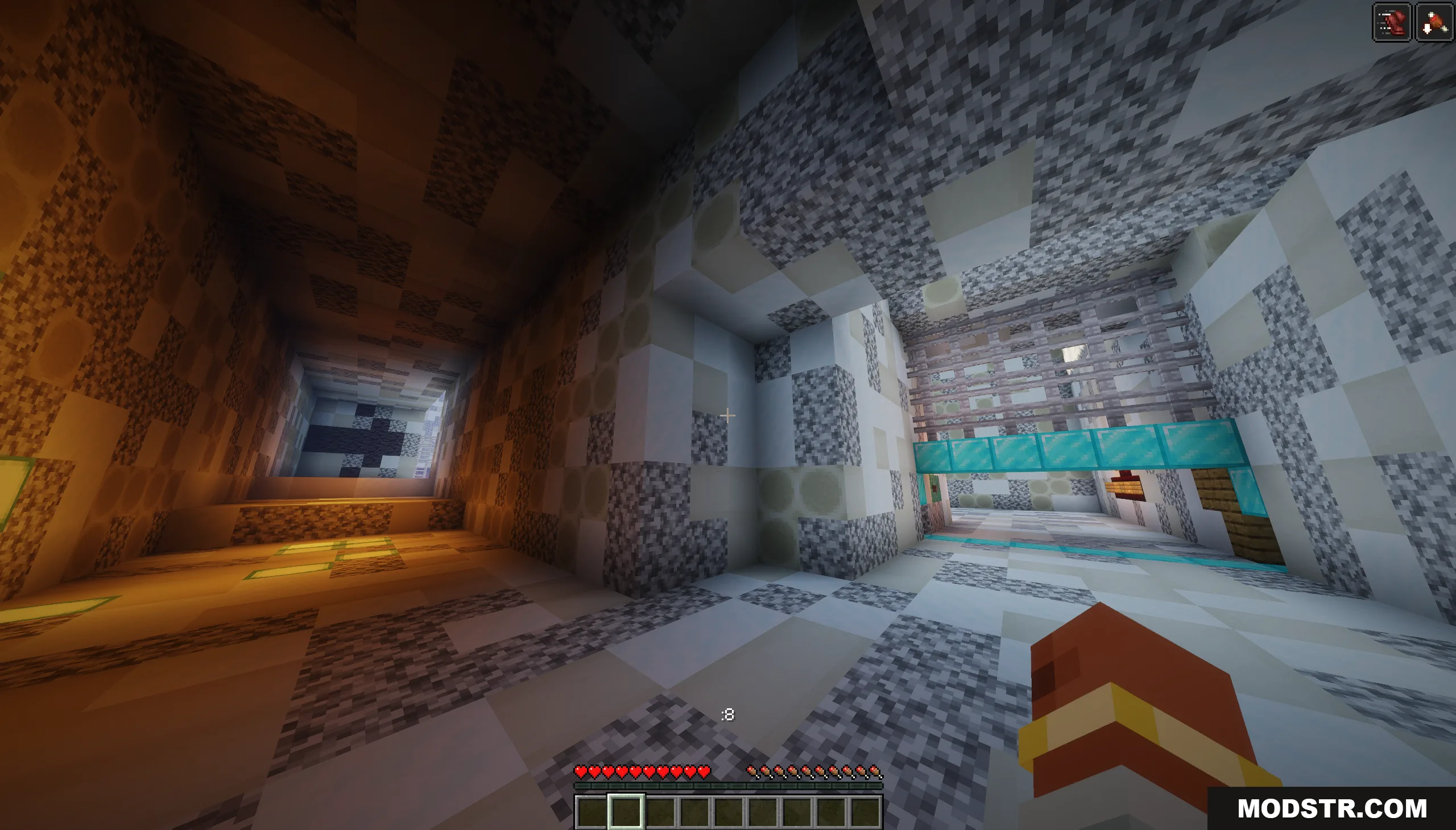 The Ashen Wastes Map Screenshot 1 A player explores a stone corridor featuring a bridge made of diamond blocks