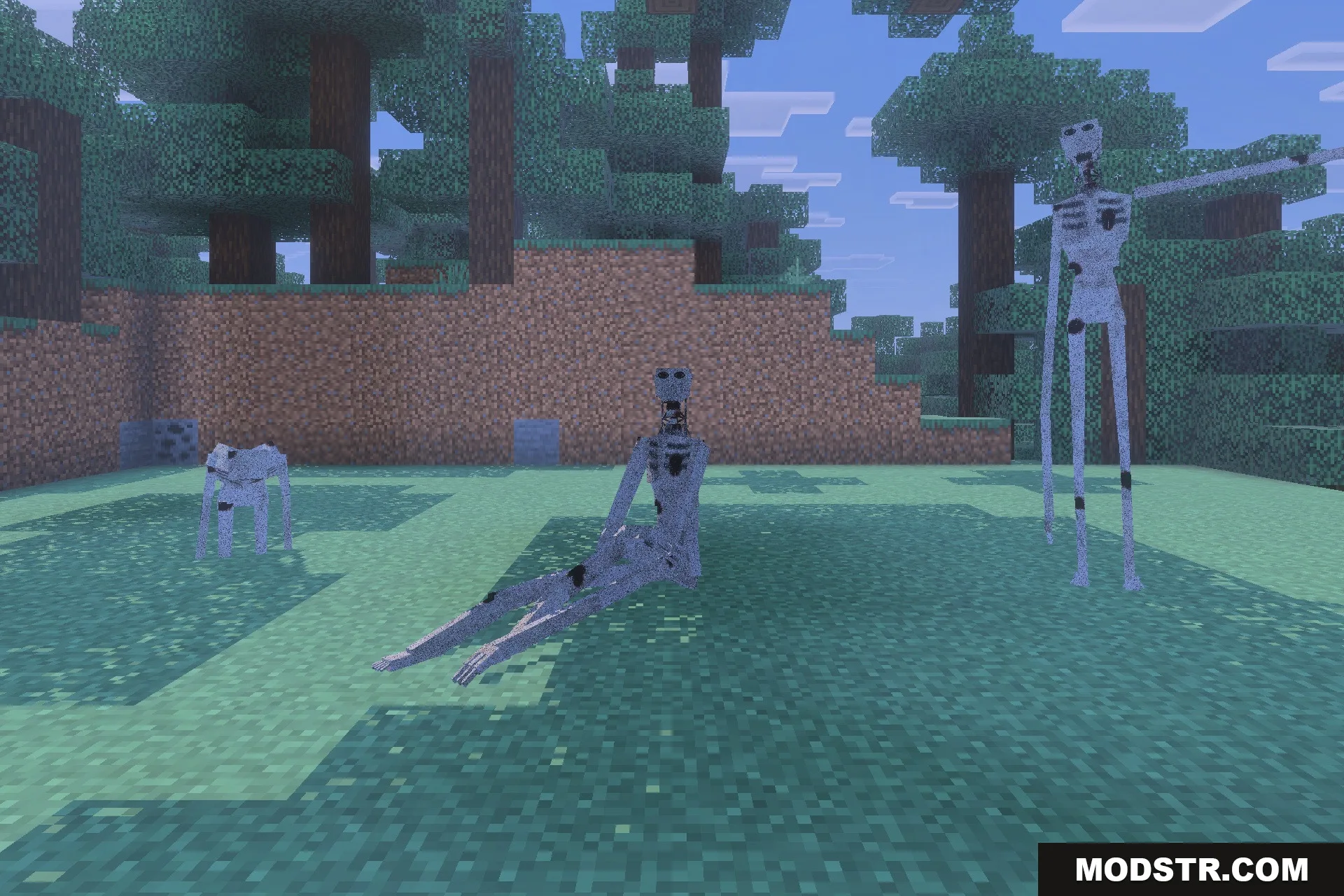The Boy in the Bath Addon Screenshot 4 Three creepy grey entities with long limbs gather in a forest clearing