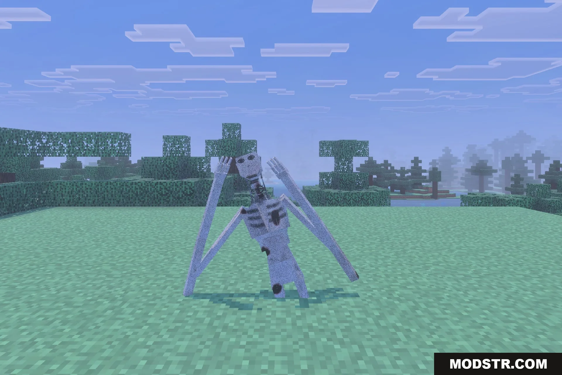 The Boy in the Bath Addon Screenshot 2 Creepy grey stalker entity crawling on the grass in a Minecraft world