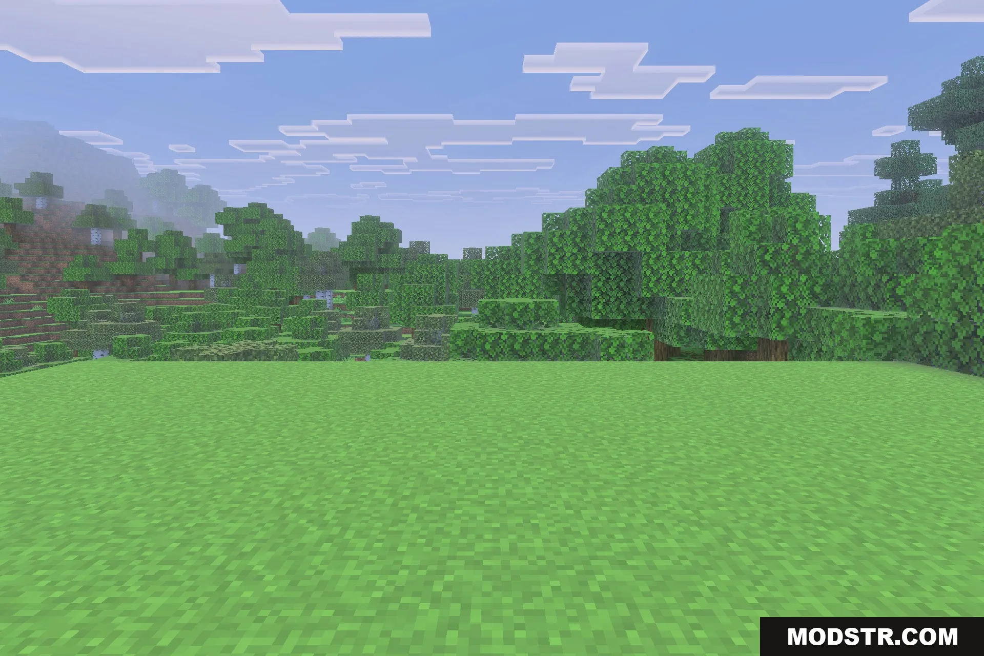 The Boy in the Bath Addon Screenshot 5 A wide green field in Minecraft with a dense forest in the background