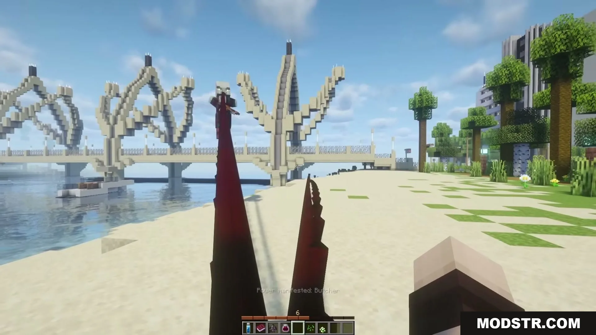 The Boys Unbalanced Mod Screenshot 8 Player uses red claws to attack on a beach near a bridge
