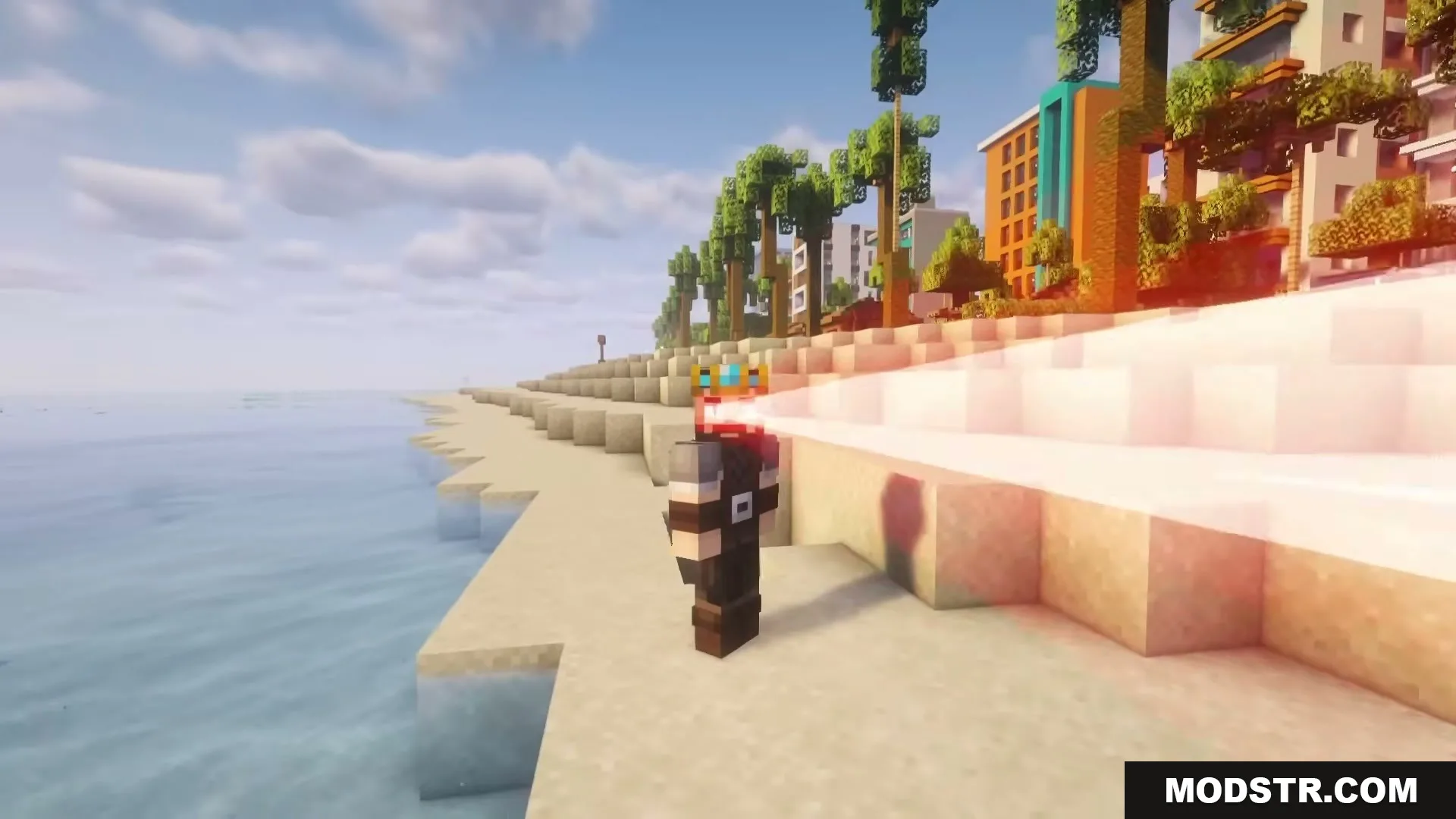The Boys Unbalanced Mod Screenshot 4 Minecraft character shoots red laser beams from eyes on a sandy beach