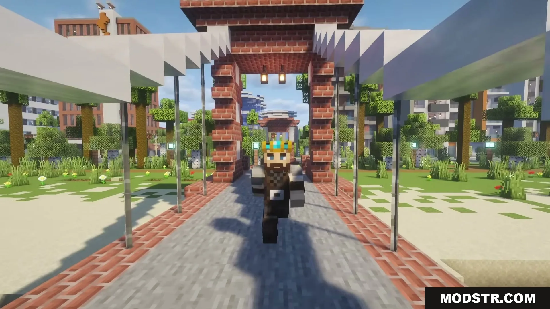 The Boys Unbalanced Mod Screenshot 5 Crowned Minecraft character walking through a brick archway on a sunny path