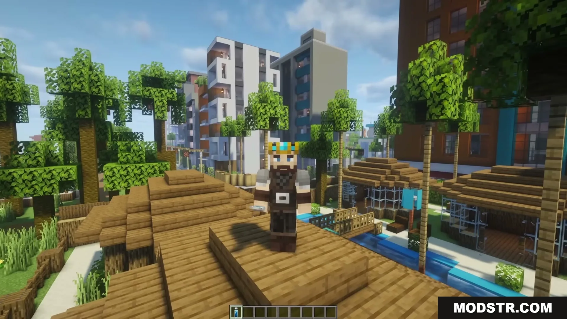 The Boys Unbalanced Mod Screenshot 3 Crowned character stands on a wooden roof overlooking a modern Minecraft city