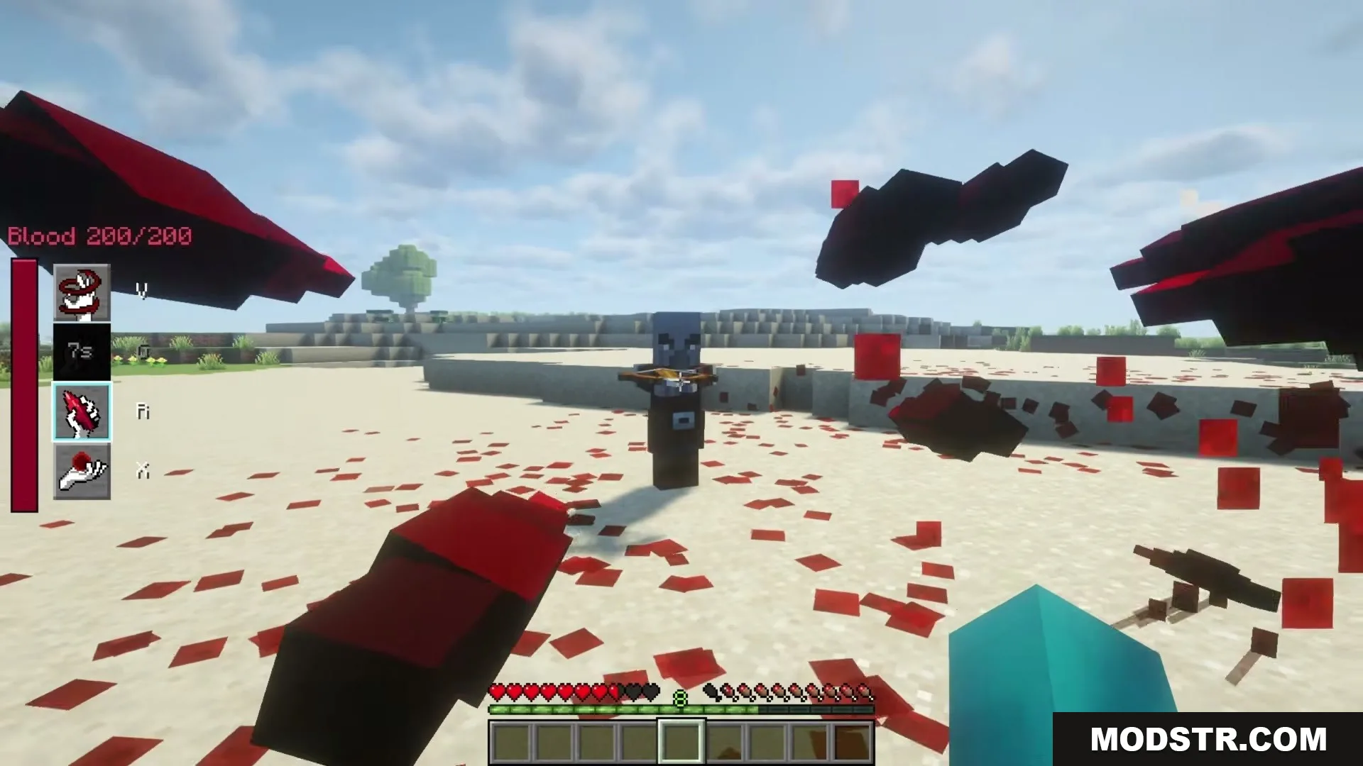 The Boys Unbalanced Mod Screenshot 18 Player launches massive blood attacks at a pillager in a desert biome