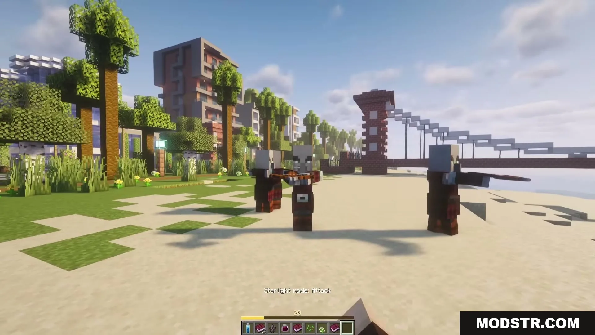 The Boys Unbalanced Mod Screenshot 7 Three pillagers with crossbows stand on a beach near a city