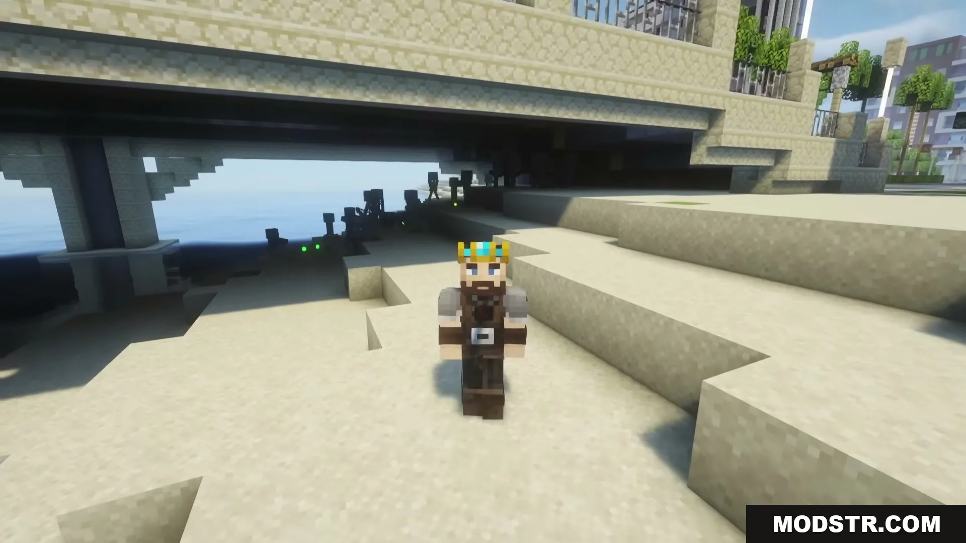 The Boys Unbalanced Mod Screenshot 2 Crowned Minecraft character stands on sand in the shade of a bridge