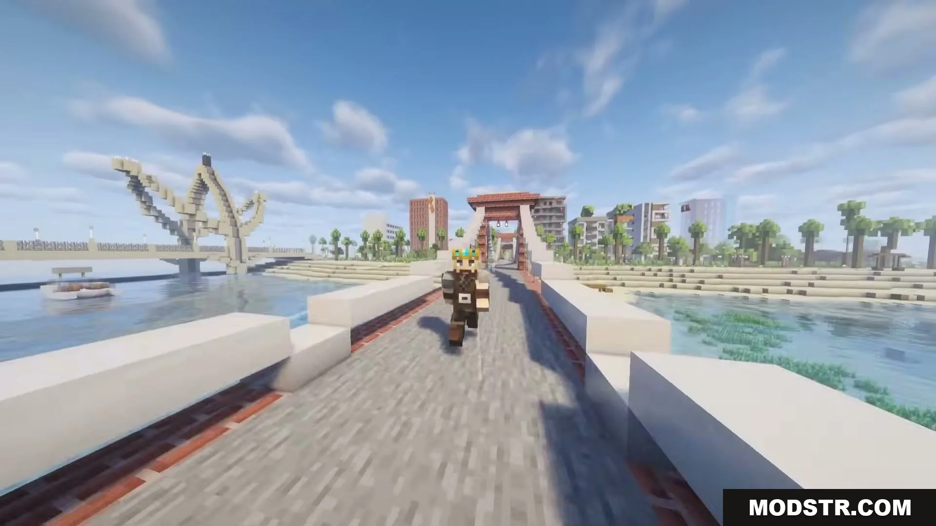 The Boys Unbalanced Mod Screenshot 6 Crowned player running across a stone bridge toward a modern city skyline