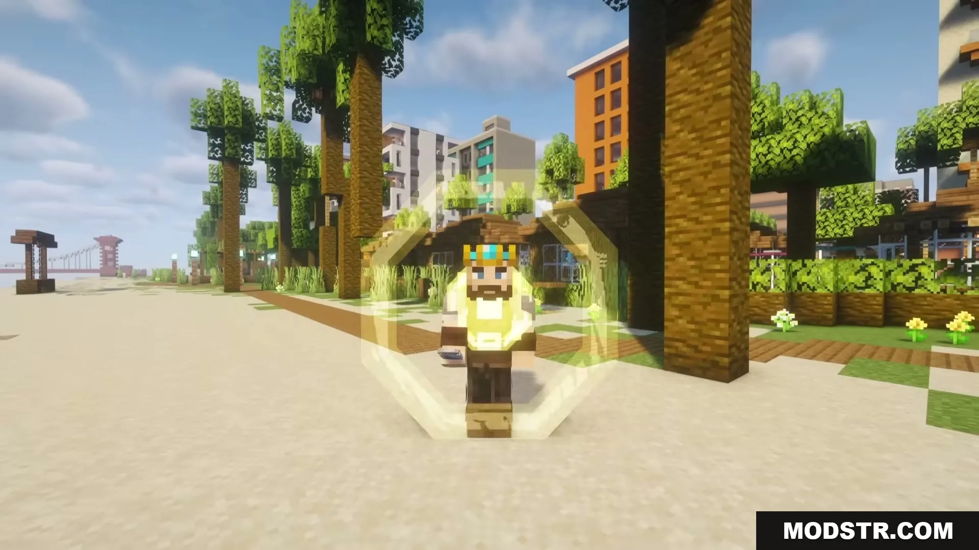 The Boys Unbalanced Mod Screenshot 10 Minecraft character activating a golden circular energy shield on a beach