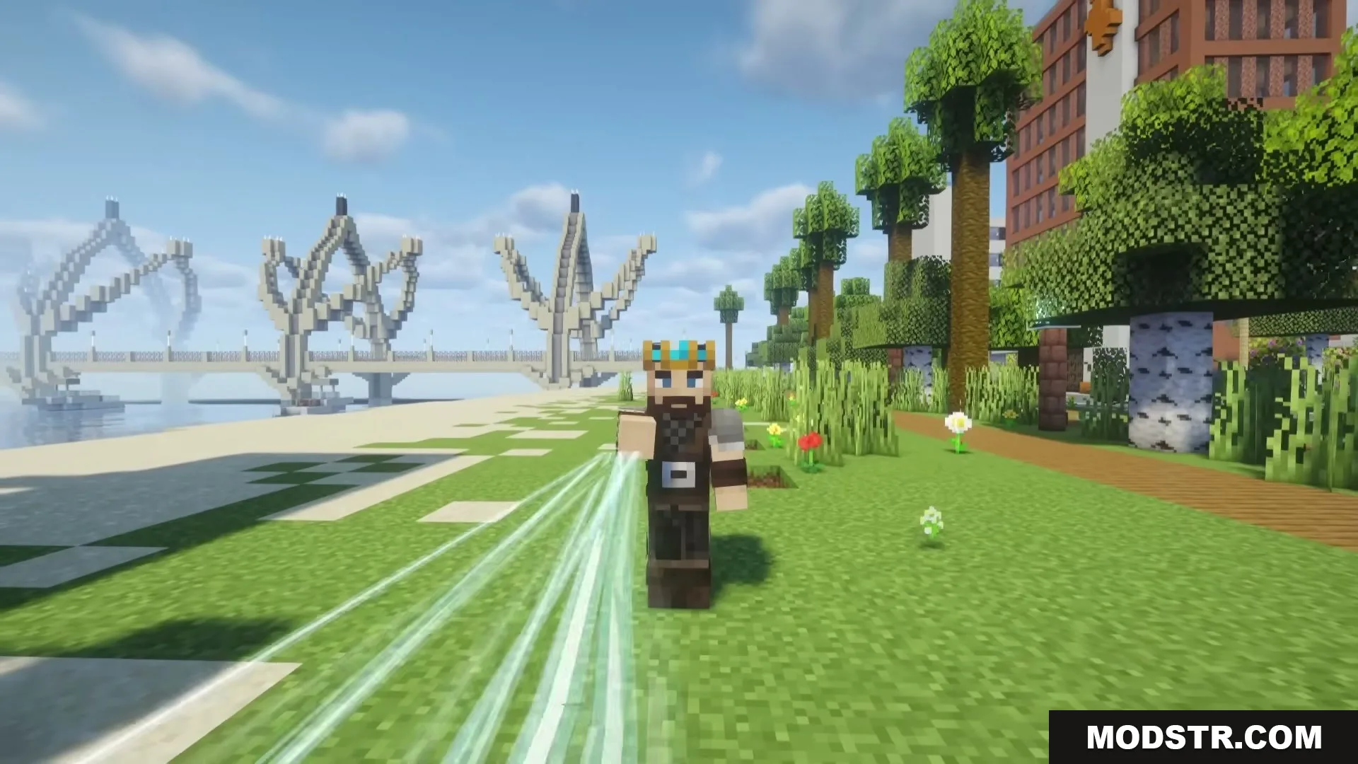 The Boys Unbalanced Mod Screenshot 9 Minecraft character with a crown releasing blue energy streaks in a park